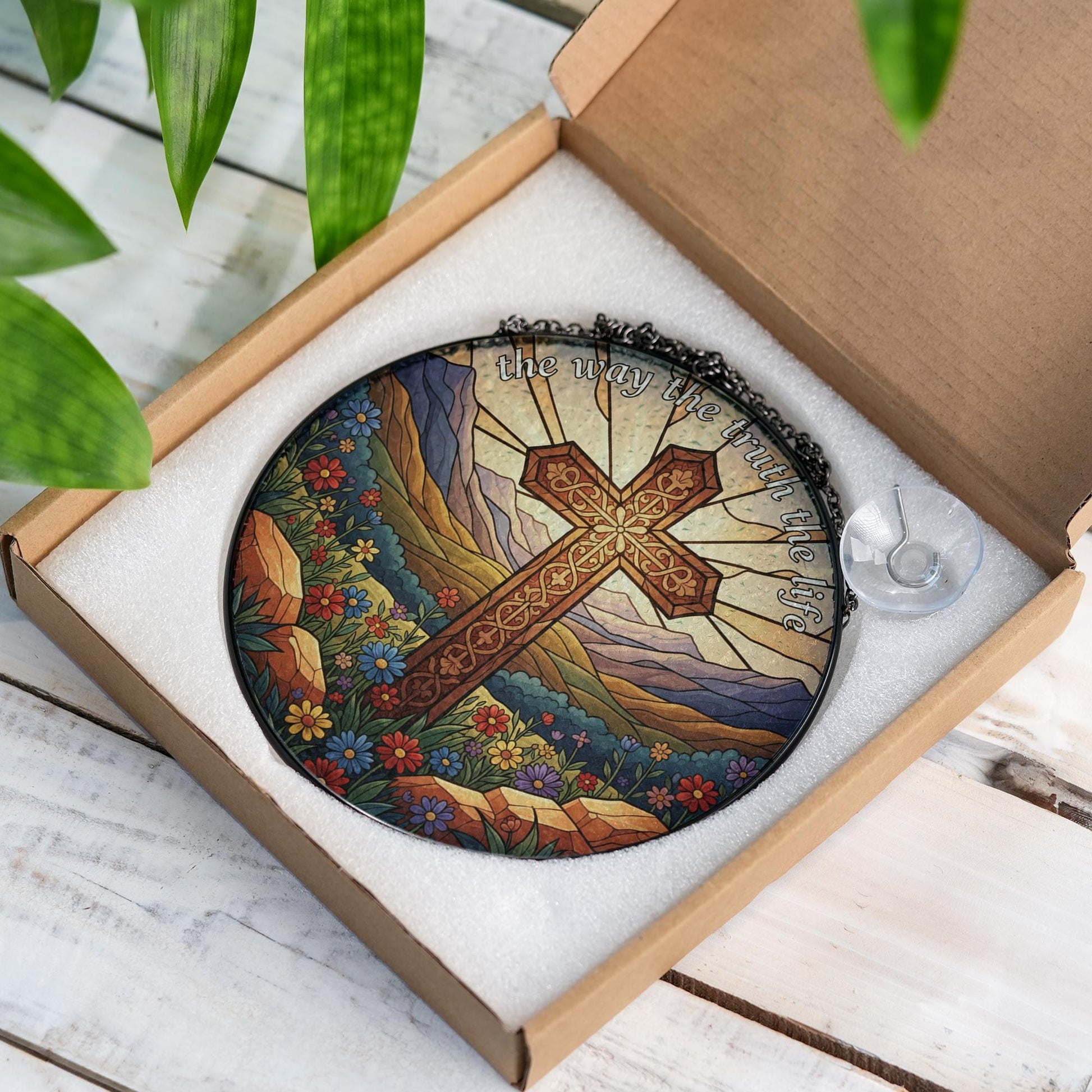 Glass Suncatcher: Christian Cross Decor with "The Way The Truth The Life", Round, Mountain Landscape image 5