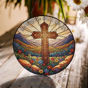 Glass Suncatcher: Christian Cross Decor with "The Way The Truth The Life", Round, Mountain Landscape image 1