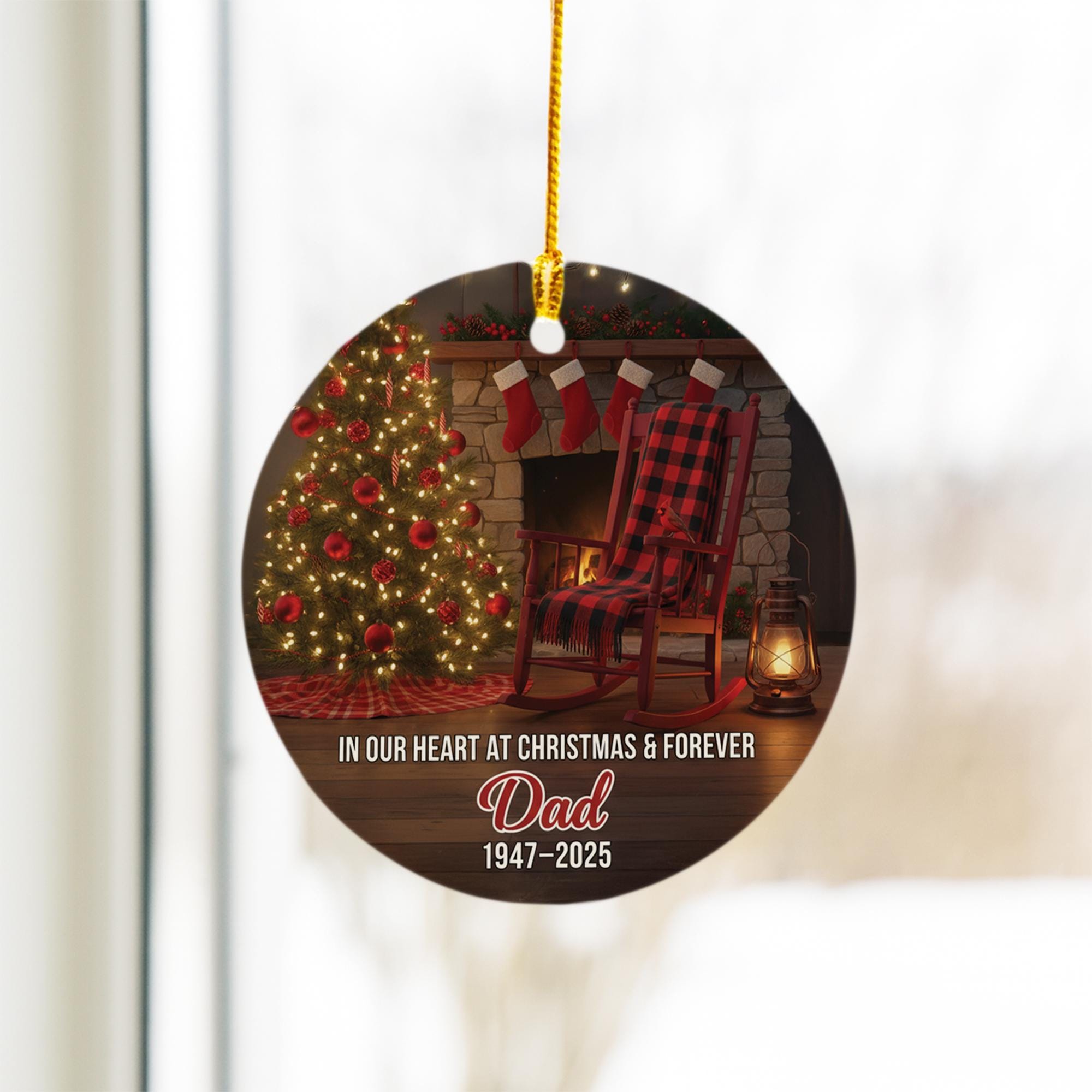 Dad Memorial Ornament, Empty Rocking Chair Design, Round Ceramic Christmas Keepsake image 4