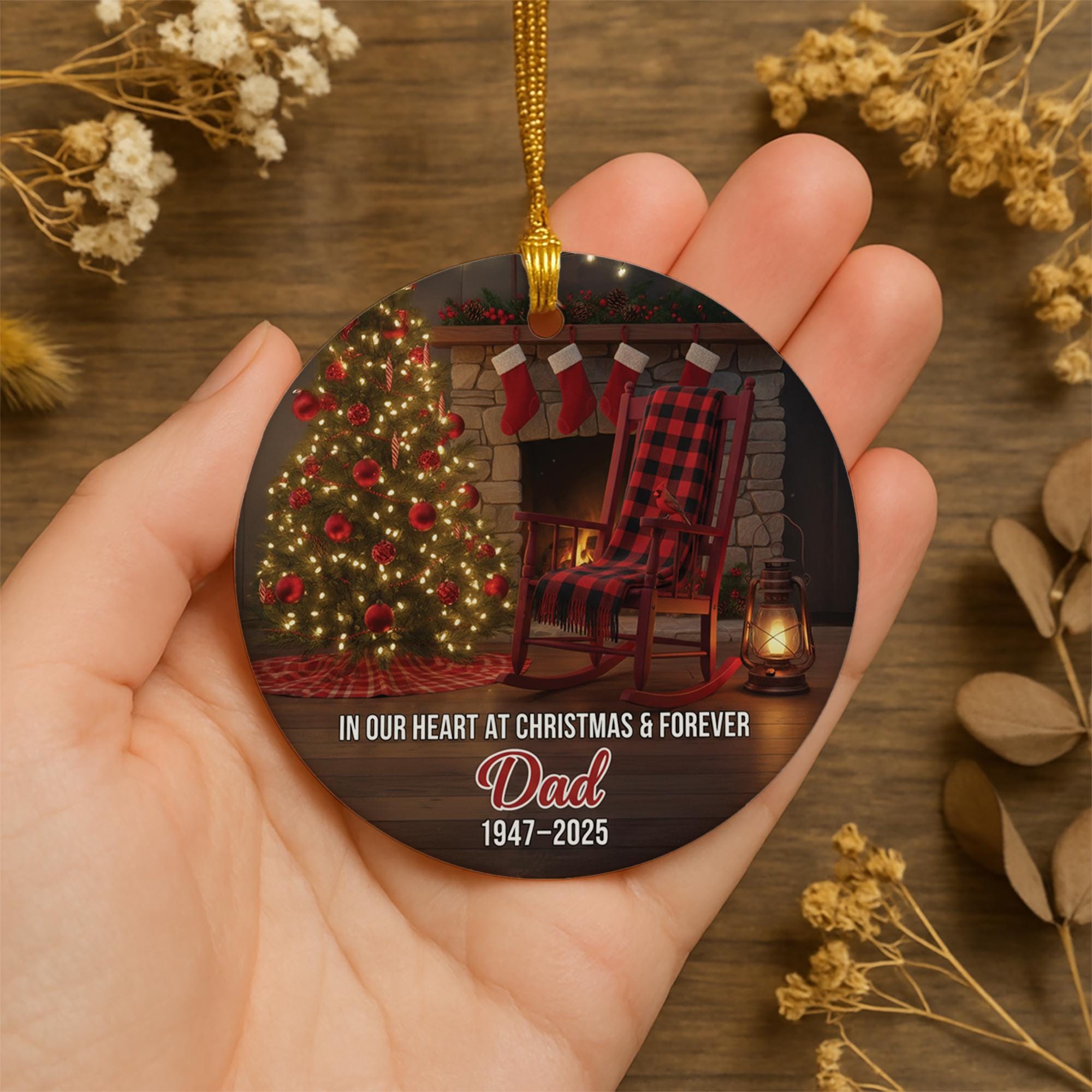 Dad Memorial Ornament, Empty Rocking Chair Design, Round Ceramic Christmas Keepsake image 1