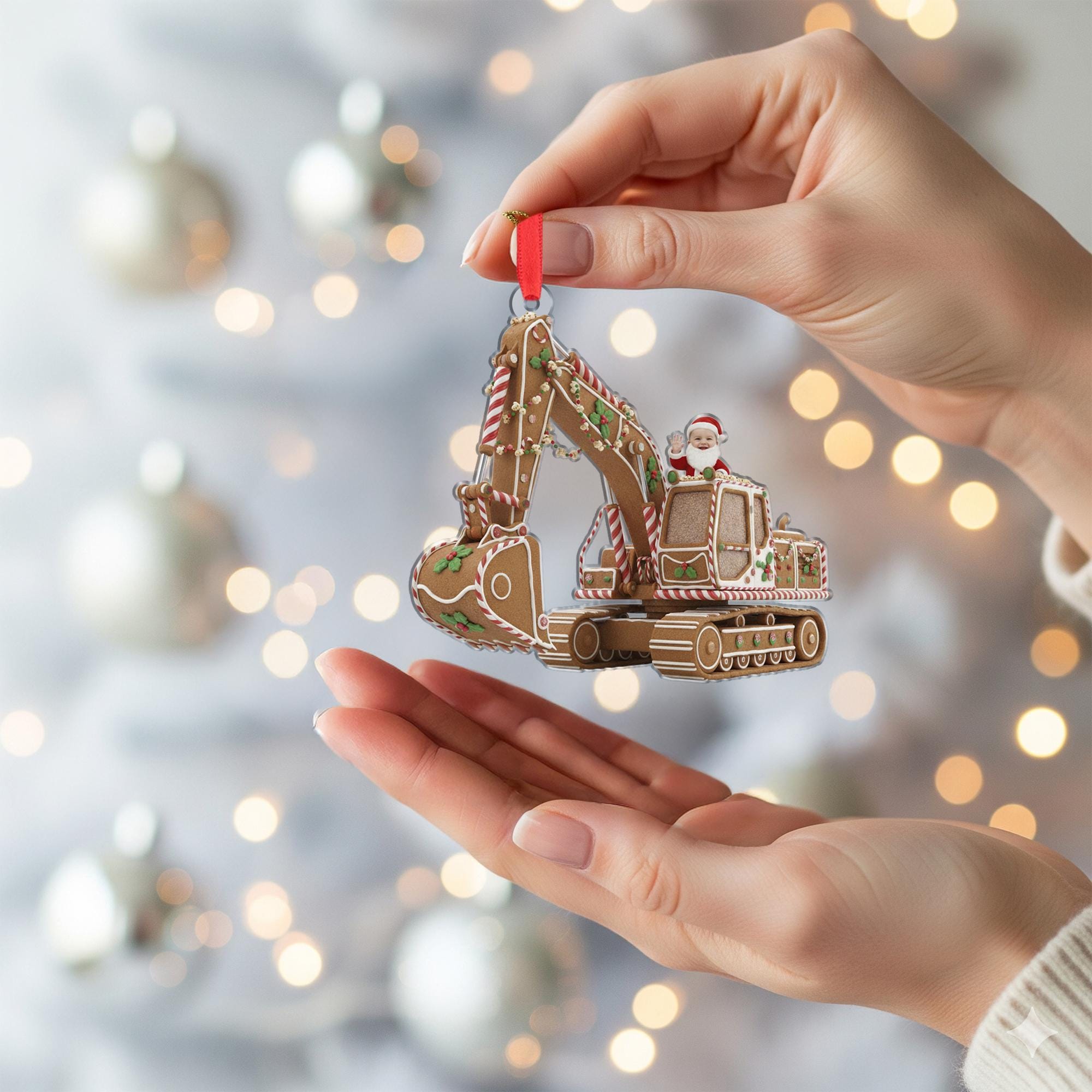 Gingerbread Excavator Ornament, Santa Driver, Construction Vehicle Christmas Decor image 4