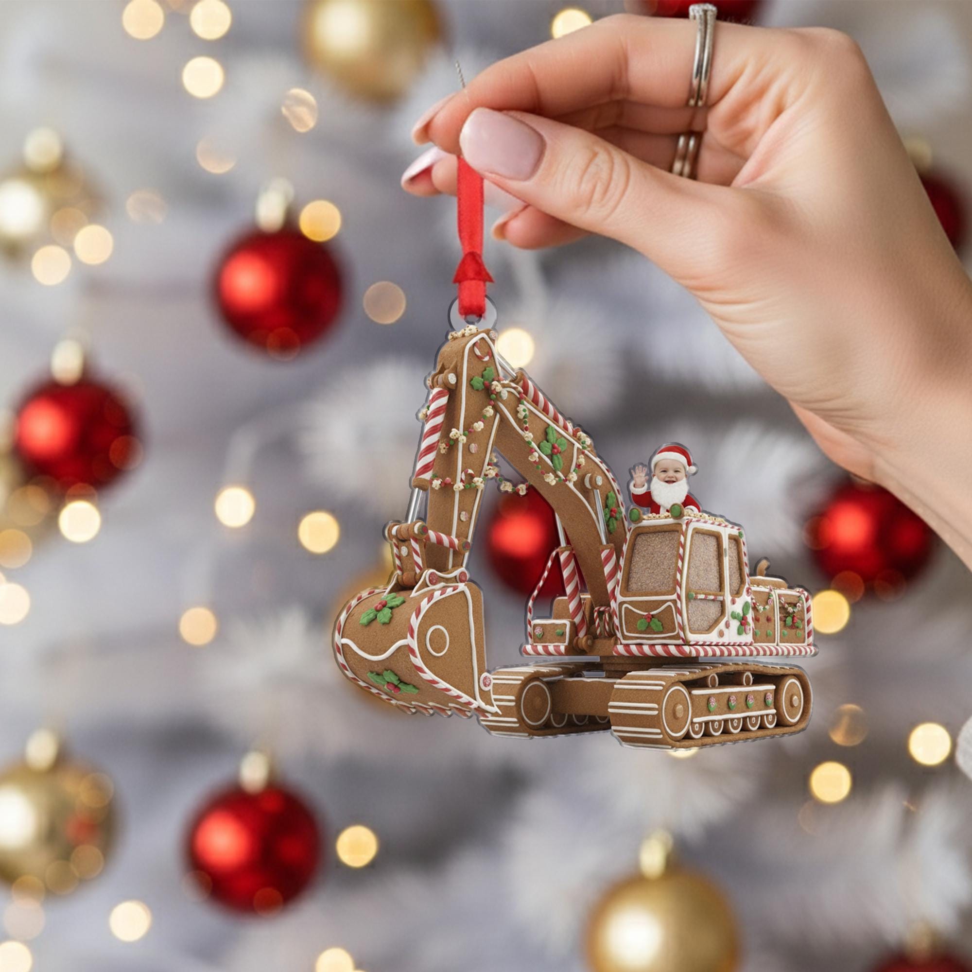Gingerbread Excavator Ornament, Santa Driver, Construction Vehicle Christmas Decor image 6