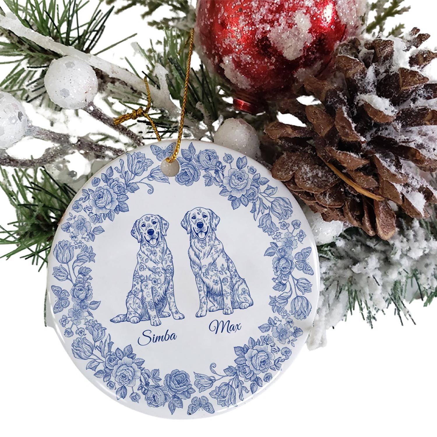 Custom Dog Ornament - Blue Floral Pet Portrait Ornament image 4