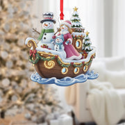 Personalized Family of Three Ornament, Snowman Family on Boat, Custom Name Christmas Ship Keepsake image 1