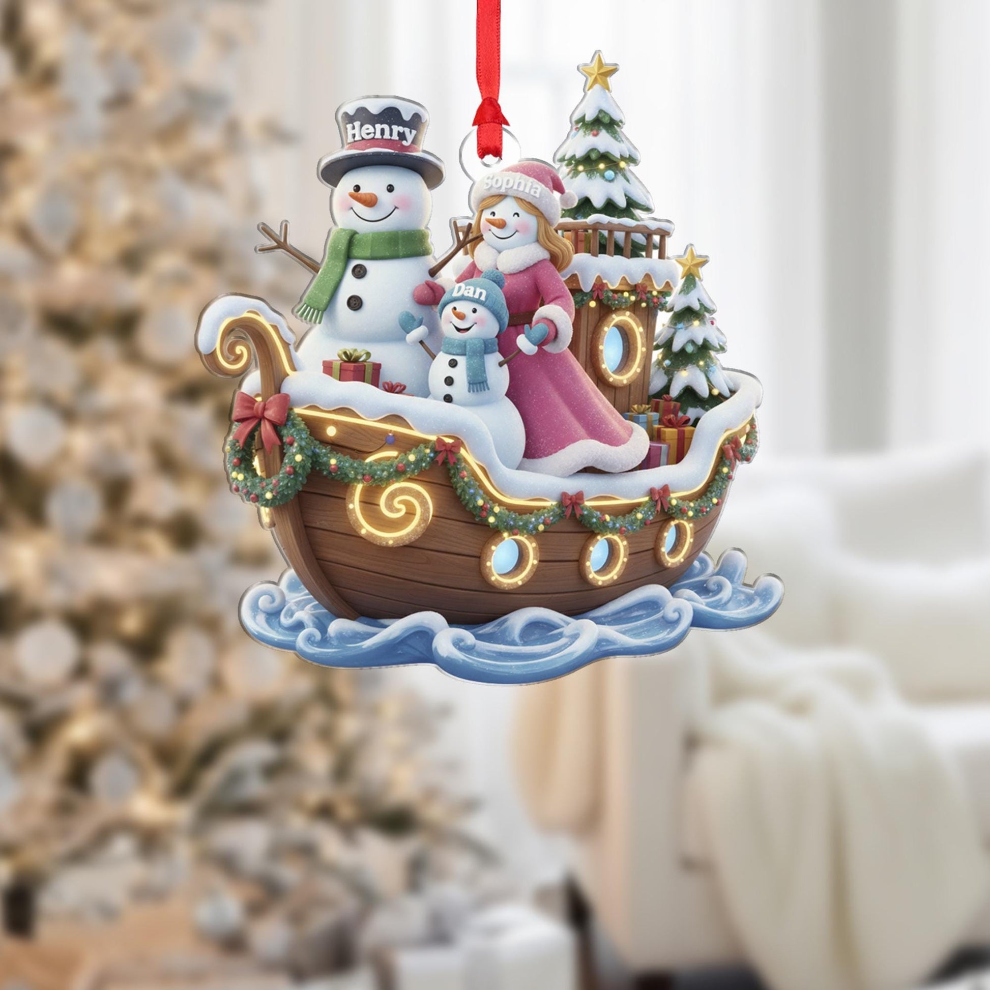 Personalized Family of Three Ornament, Snowman Family on Boat, Custom Name Christmas Ship Keepsake image 1