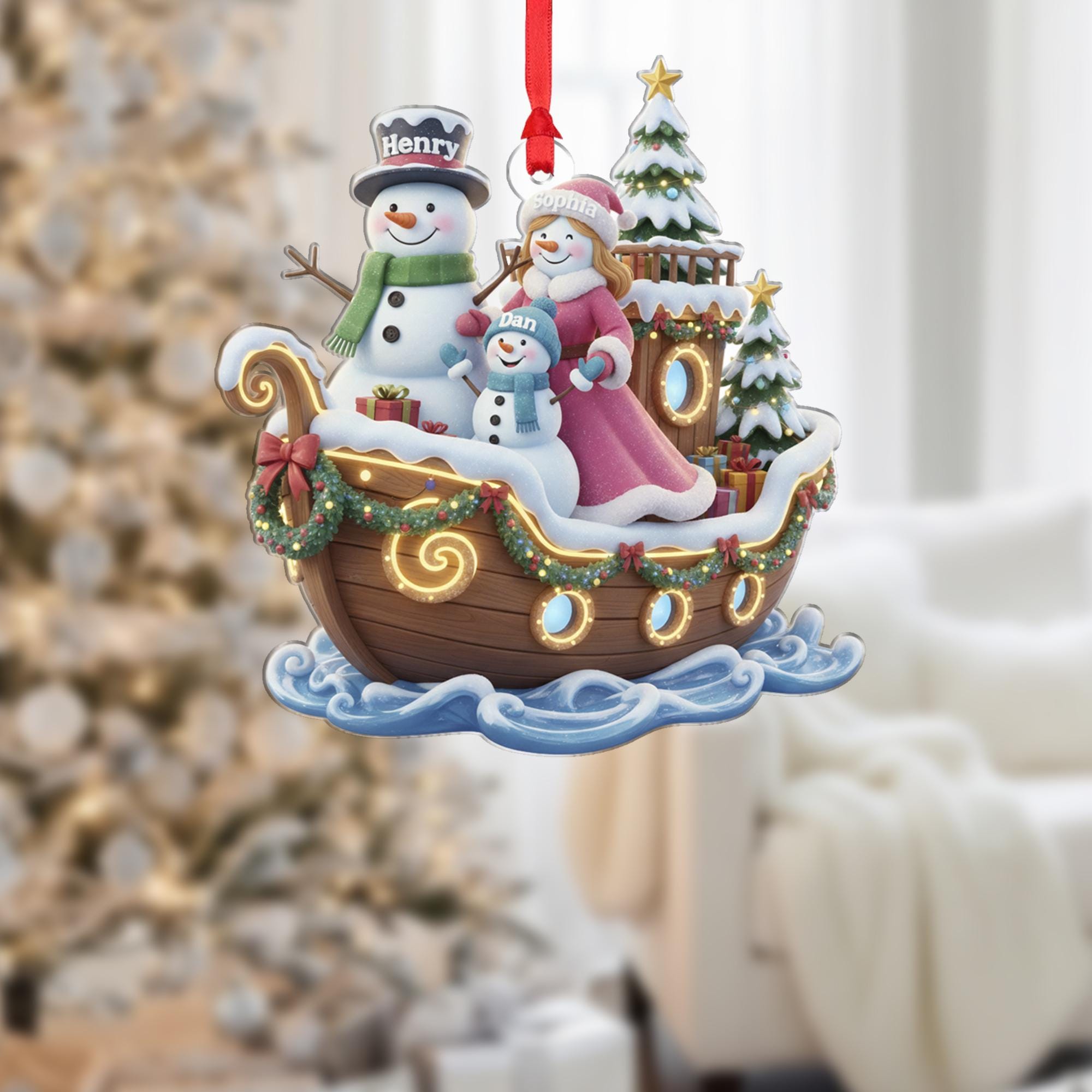 Personalized Family of Three Ornament, Snowman Family on Boat, Custom Name Christmas Ship Keepsake image 1