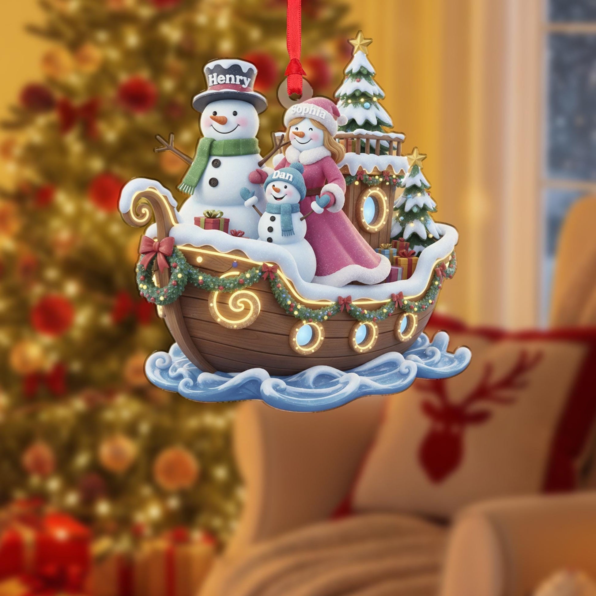 Personalized Family of Three Ornament, Snowman Family on Boat, Custom Name Christmas Ship Keepsake image 2