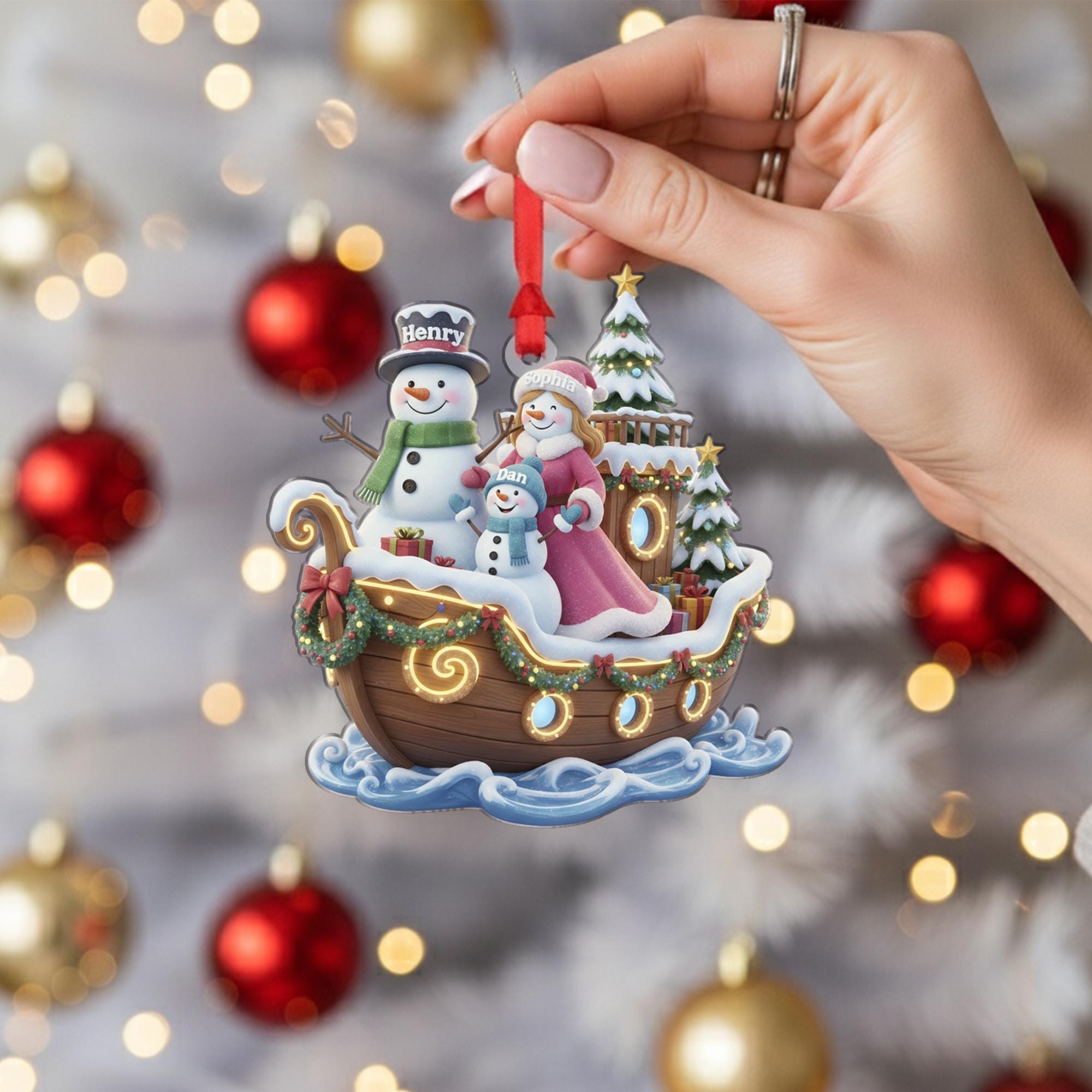 Personalized Family of Three Ornament, Snowman Family on Boat, Custom Name Christmas Ship Keepsake image 3