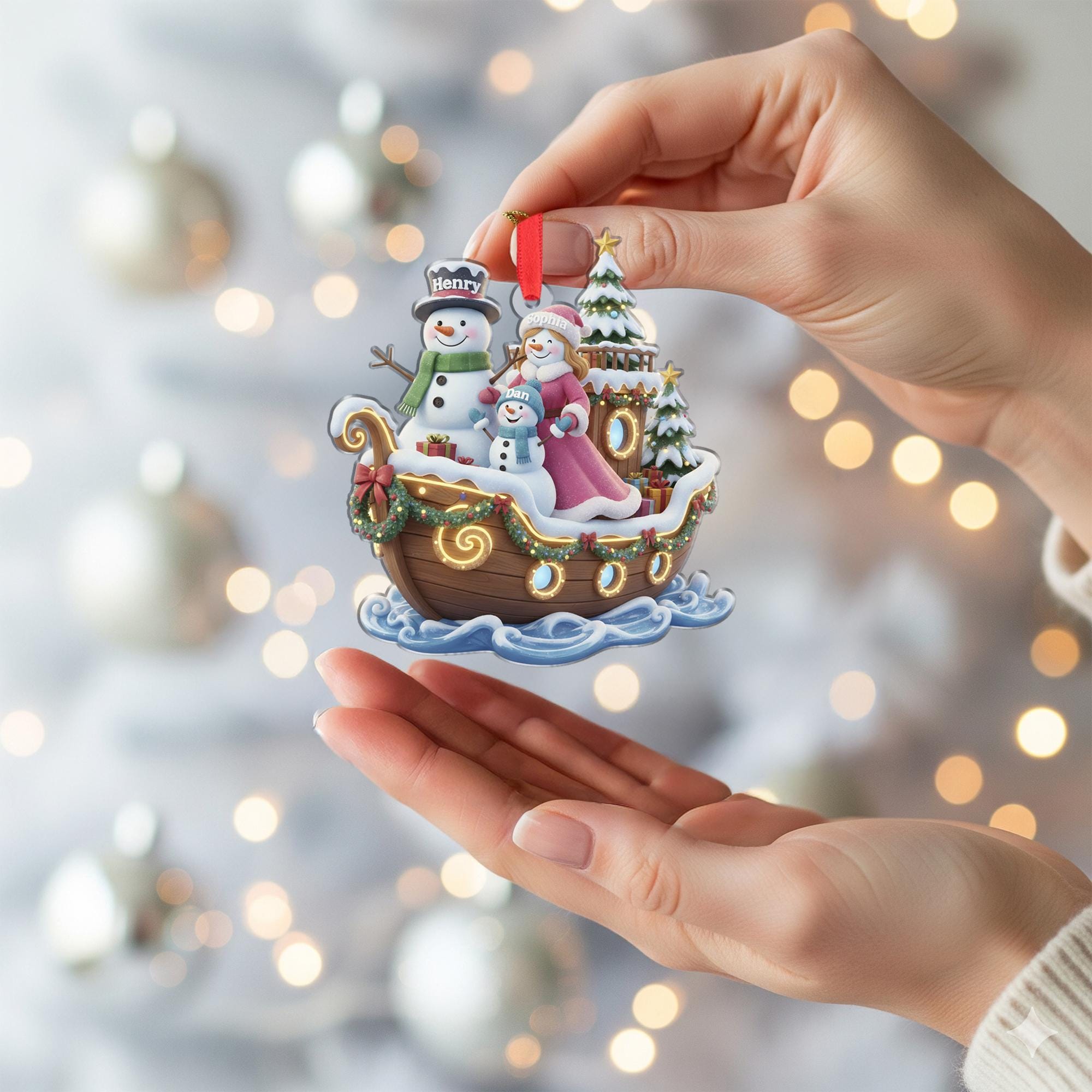 Personalized Family of Three Ornament, Snowman Family on Boat, Custom Name Christmas Ship Keepsake image 5