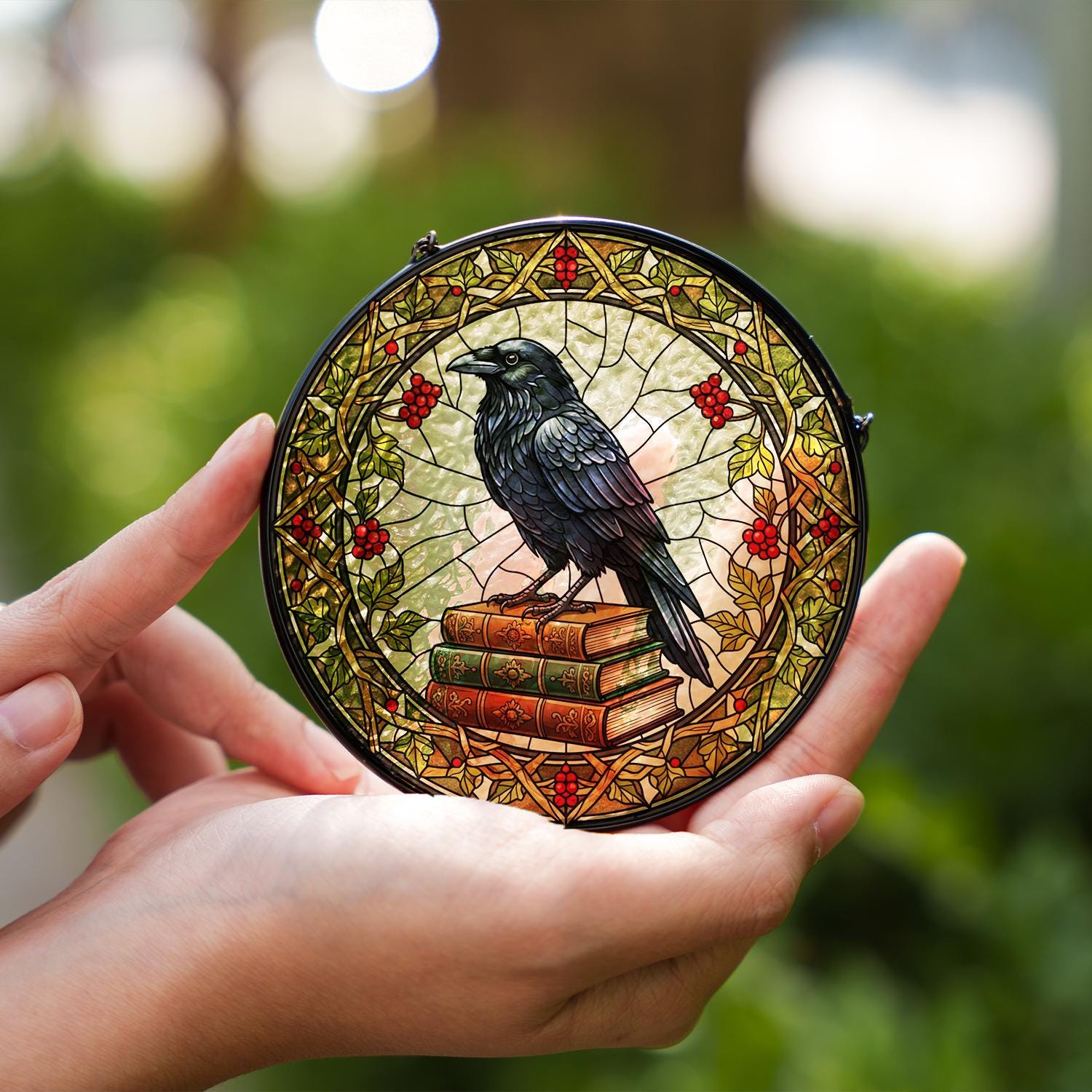 Crow Glass Suncatcher - Gothic Raven Window Hanging image 1