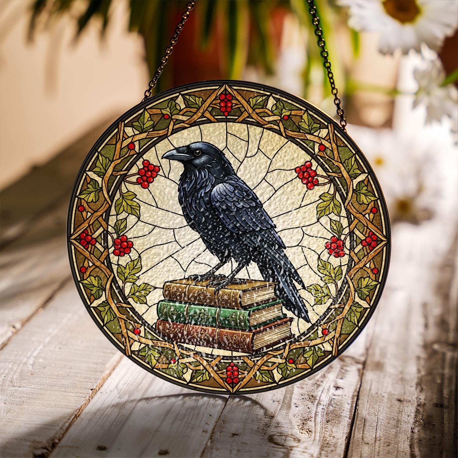 Crow Glass Suncatcher - Gothic Raven Window Hanging image 2