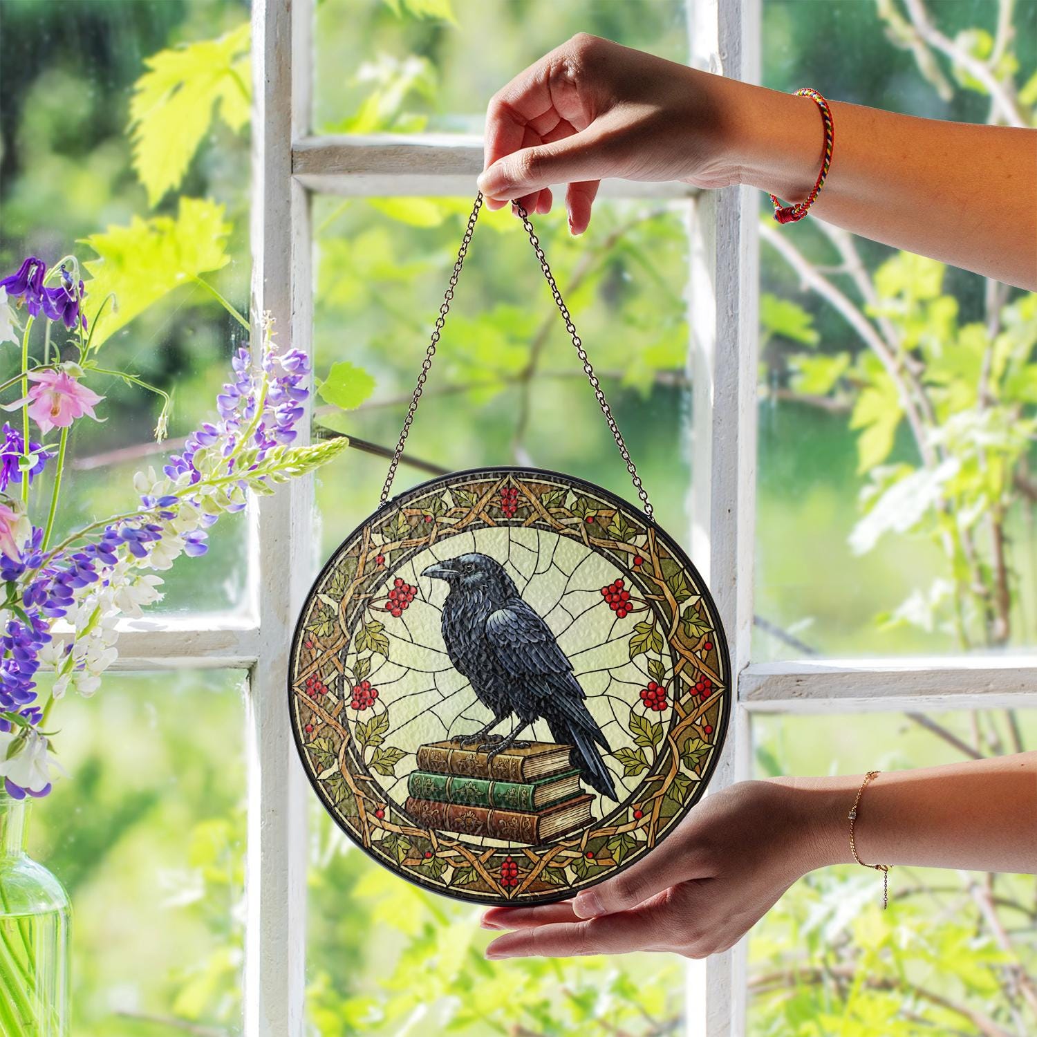 Crow Glass Suncatcher - Gothic Raven Window Hanging image 3