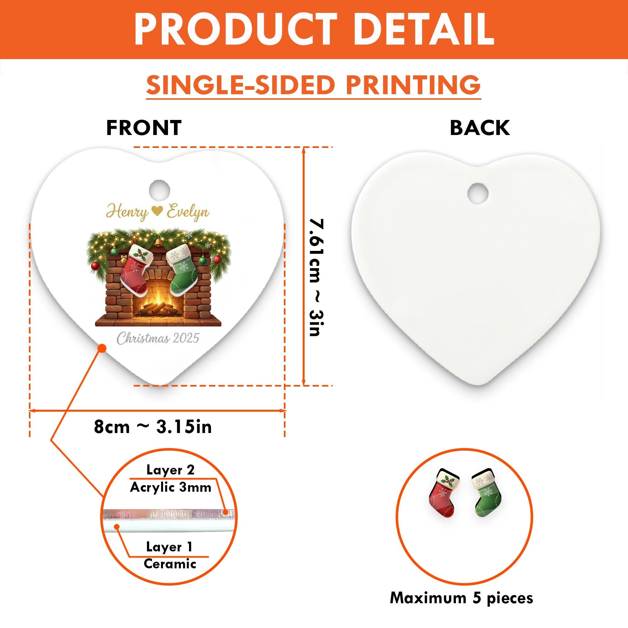 Personalized Heart-Shape Ornament – Fireplace & Stocking Design Christmas 2025 Hanging Decoration image 6