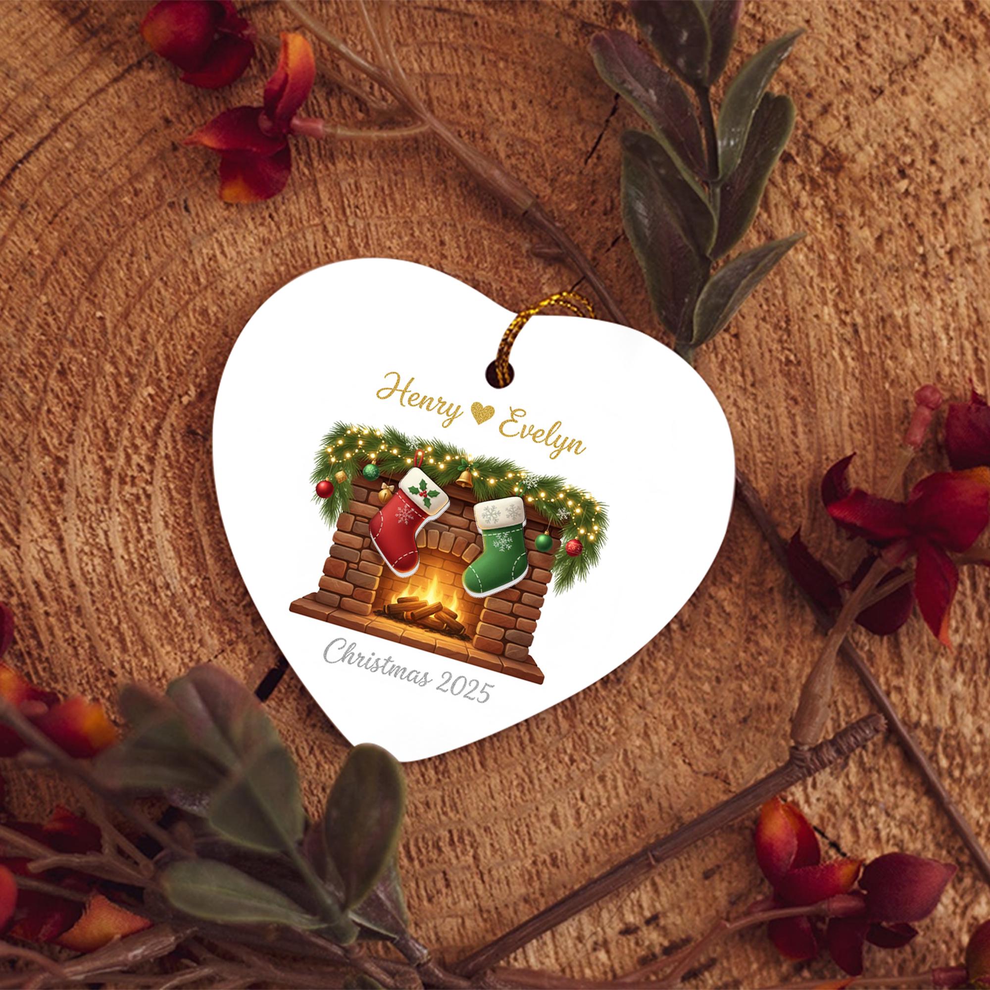 Personalized Heart-Shape Ornament – Fireplace & Stocking Design Christmas 2025 Hanging Decoration image 3