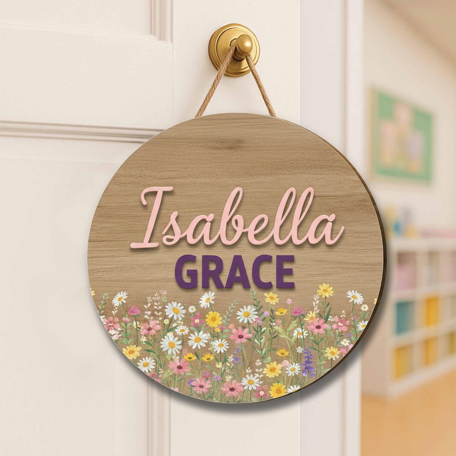Personalized Floral Wooden Door Hanger - Custom Name Sign for Nursery or Kids Room image 1