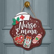 Personalized Wooden Nurse Sign: Christmas Holly Hat Decor image 1
