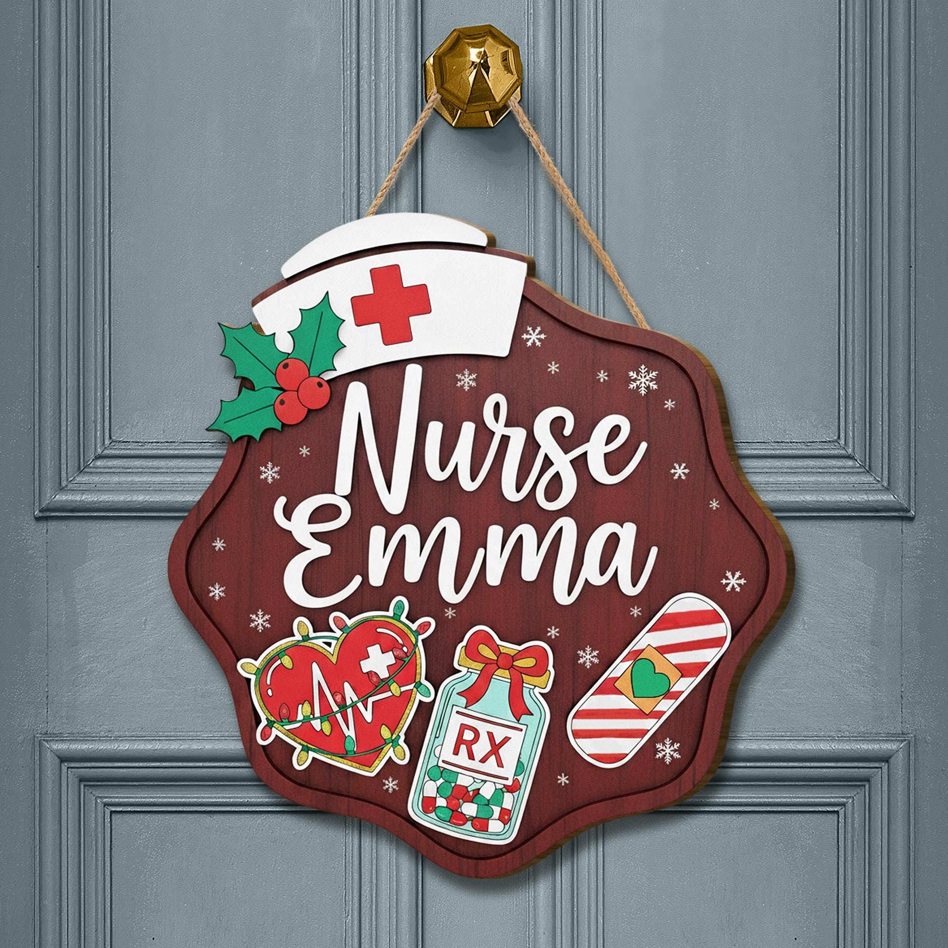 Personalized Wooden Nurse Sign: Christmas Holly Hat Decor image 1