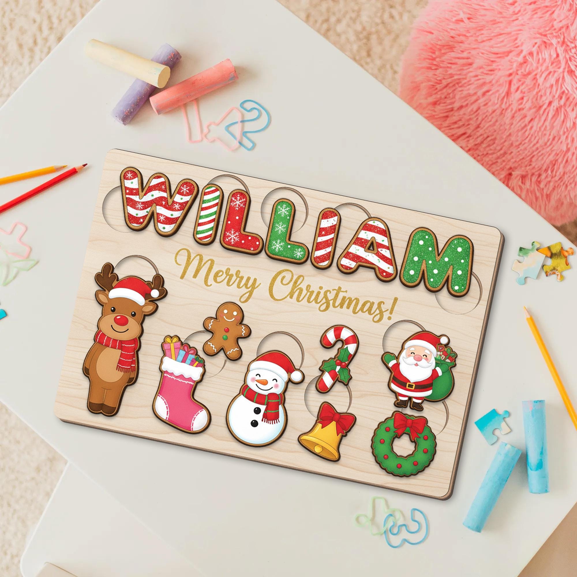 Personalized Christmas Name Puzzle - Wooden Holiday Gift for Kids and Toddlers image 1