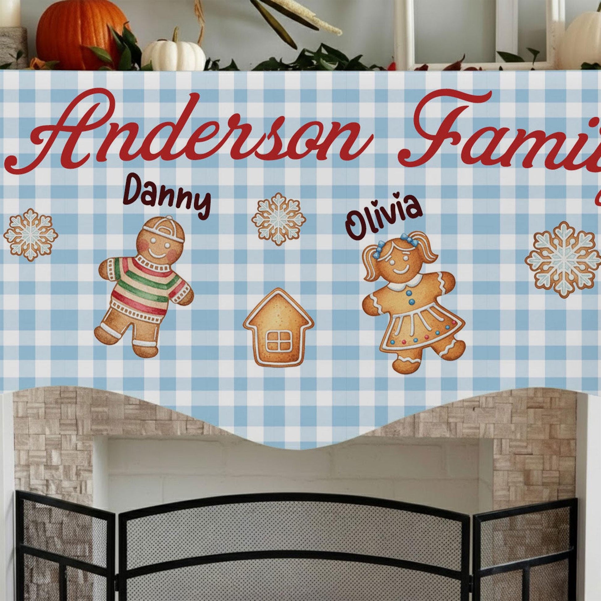 Custom Christmas Gingerbread Family Fireplace Mantel Scarf: Personalized Holiday Decor image 3
