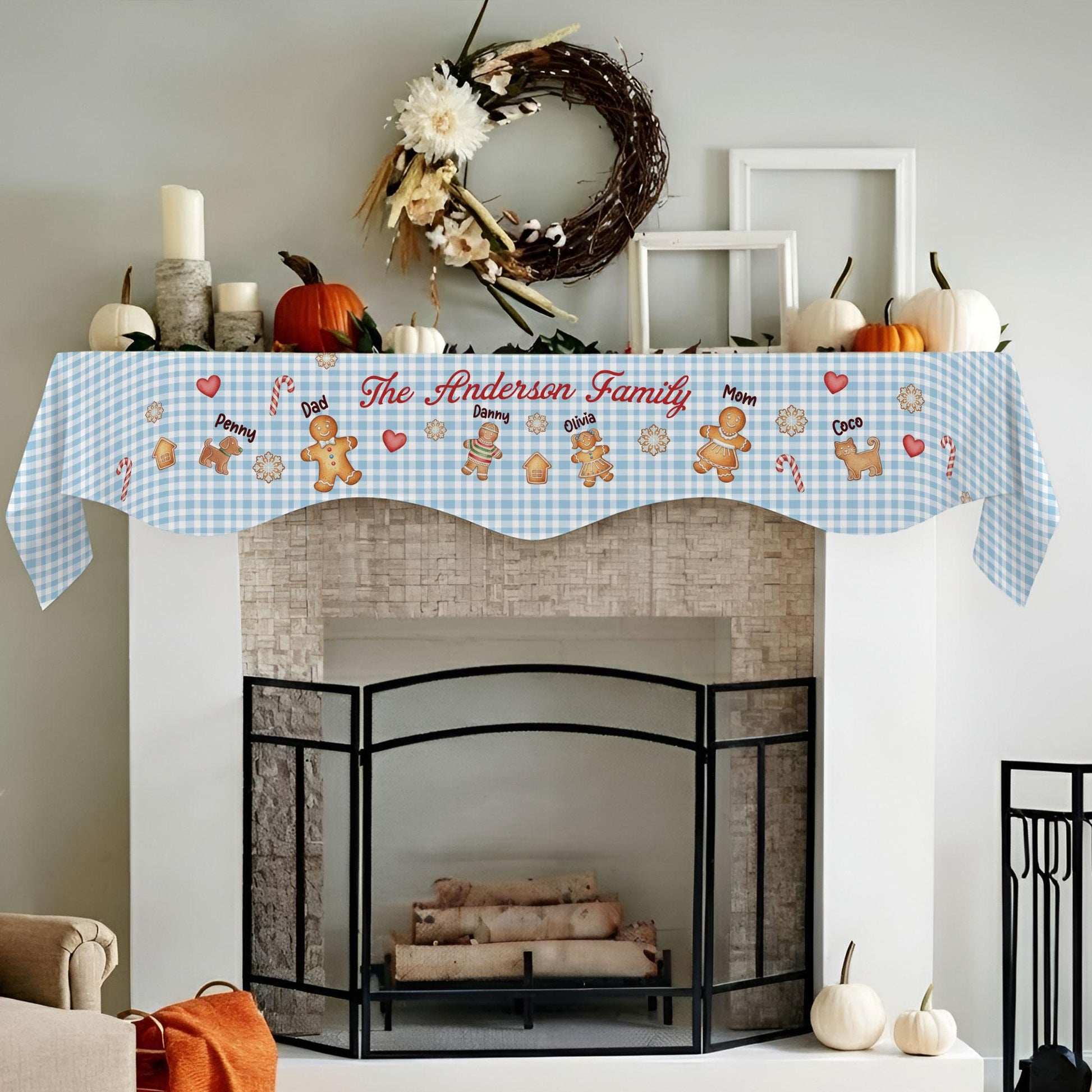 Custom Christmas Gingerbread Family Fireplace Mantel Scarf: Personalized Holiday Decor image 4
