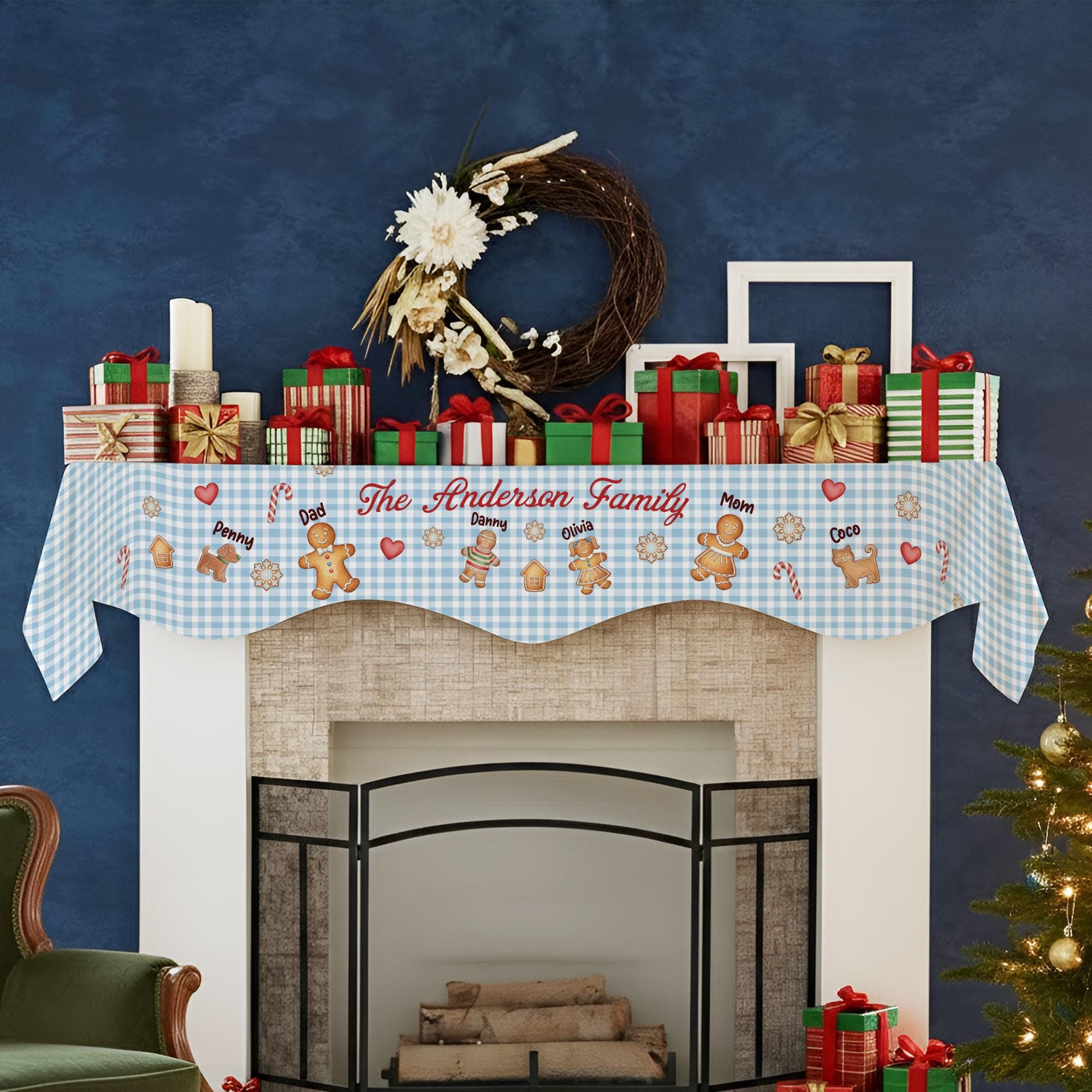 Custom Christmas Gingerbread Family Fireplace Mantel Scarf: Personalized Holiday Decor image 1