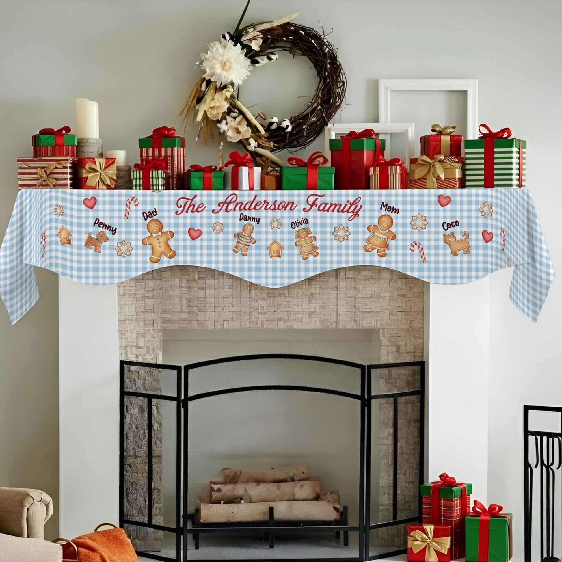 Custom Christmas Gingerbread Family Fireplace Mantel Scarf: Personalized Holiday Decor image 2