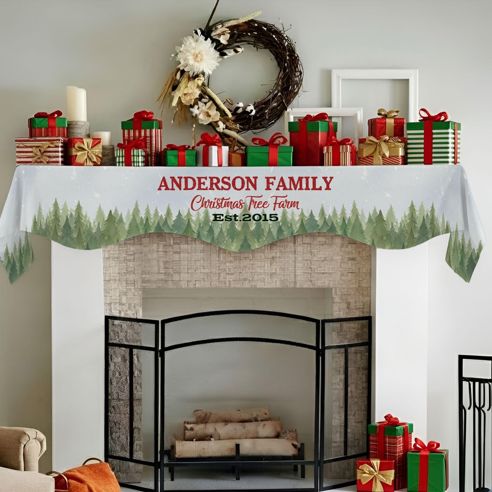 Custom Christmas Tree Farm Fresh Family Fireplace Mantel Scarf: Personalized Holiday Hearth Decor image 3