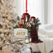Personalized Christmas Sleigh Ornament –Wood Sled Decor With Gifts And Gardening Tools