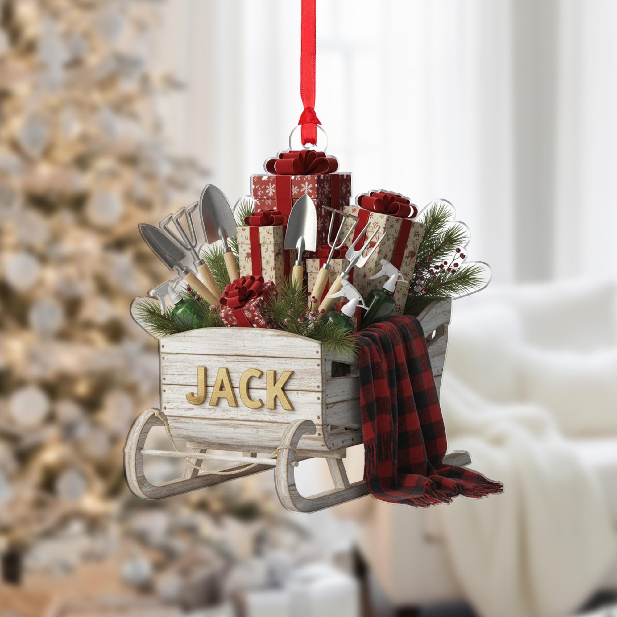 Personalized Christmas Sleigh Ornament –Wood Sled Decor With Gifts And Gardening Tools