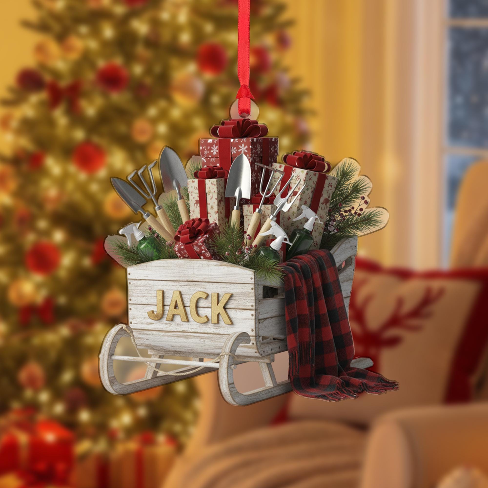 Personalized Christmas Sleigh Ornament –Wood Sled Decor With Gifts And Gardening Tools