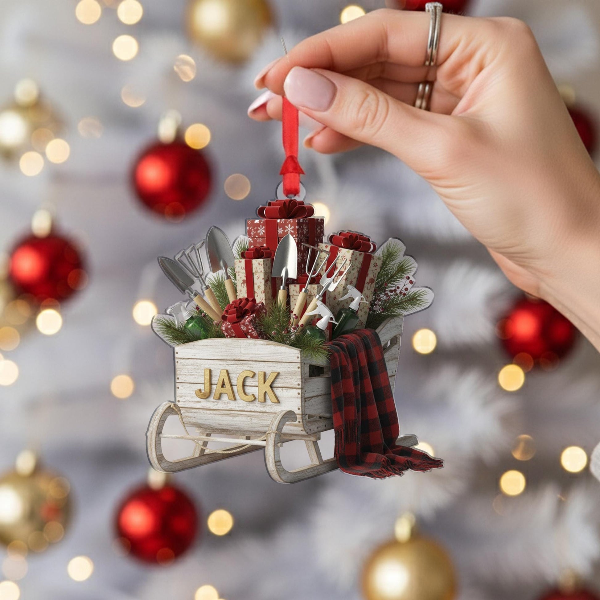 Personalized Christmas Sleigh Ornament –Wood Sled Decor With Gifts And Gardening Tools