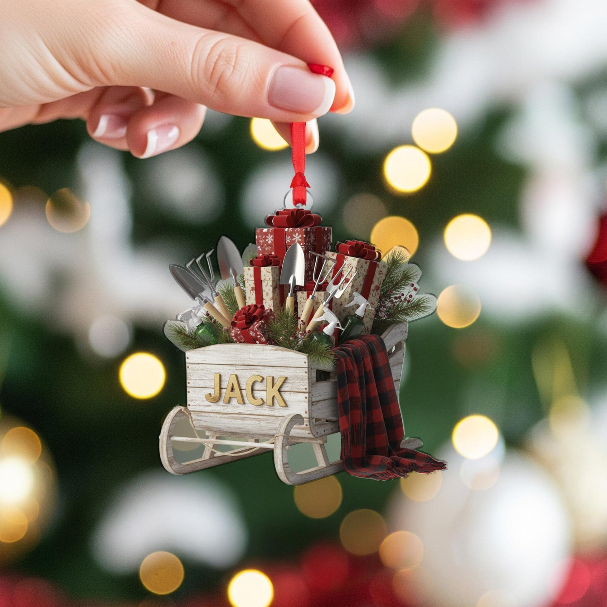 Personalized Christmas Sleigh Ornament –Wood Sled Decor With Gifts And Gardening Tools