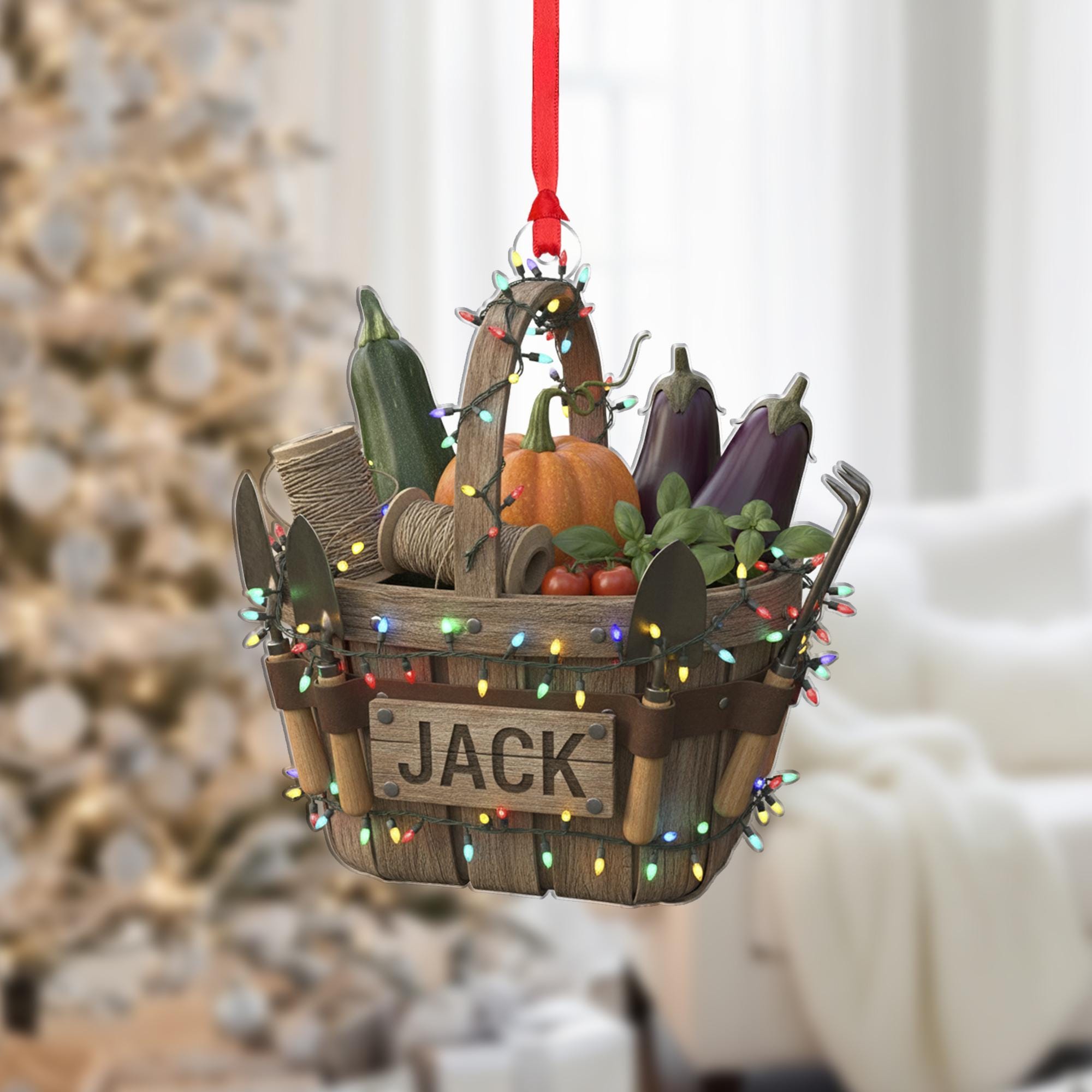 Personalized Garden Basket Ornament –Hanging Christmas Decoration With Veggies And Tools