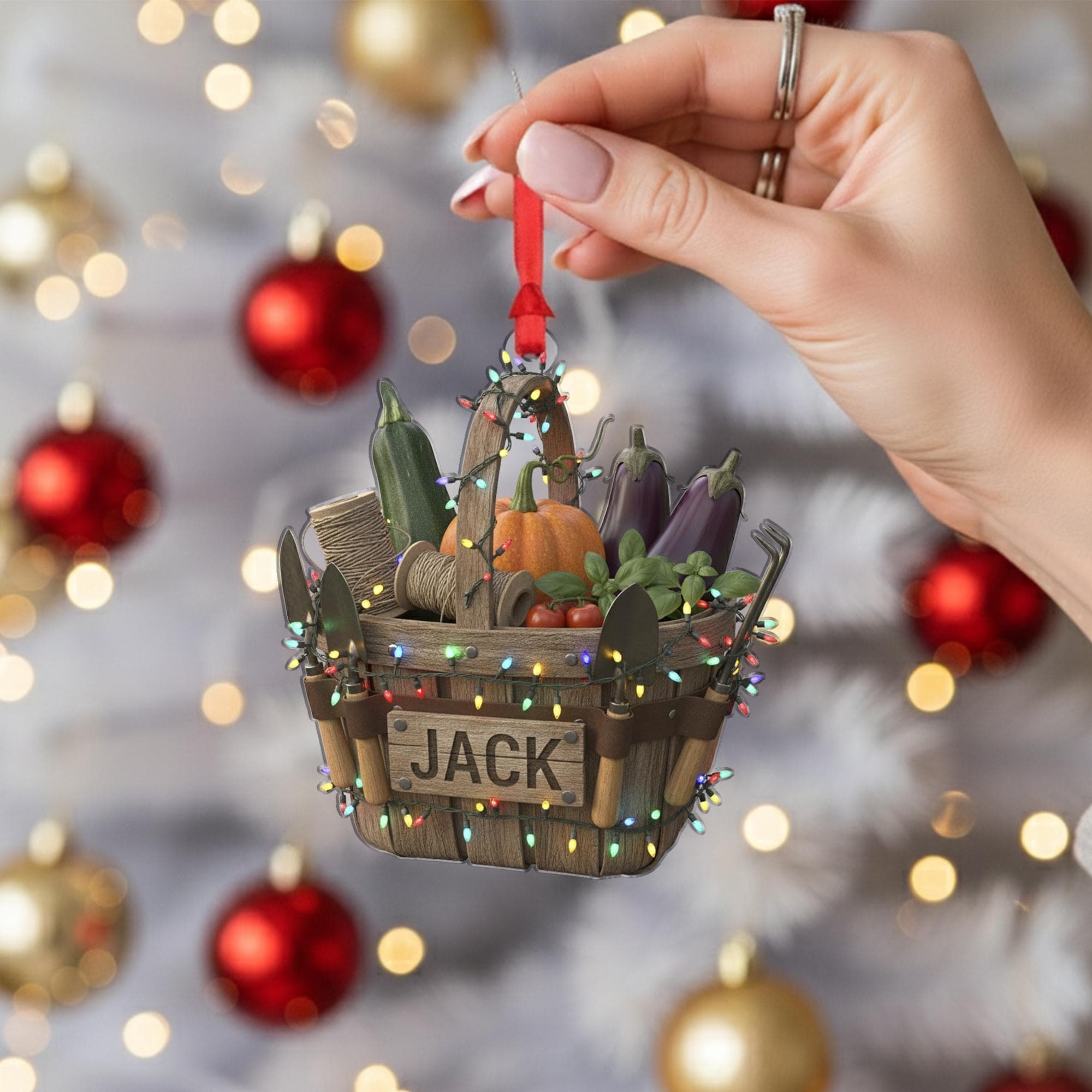 Personalized Garden Basket Ornament –Hanging Christmas Decoration With Veggies And Tools