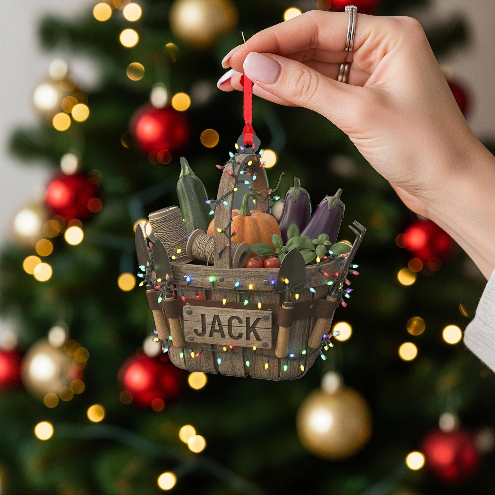 Personalized Garden Basket Ornament –Hanging Christmas Decoration With Veggies And Tools
