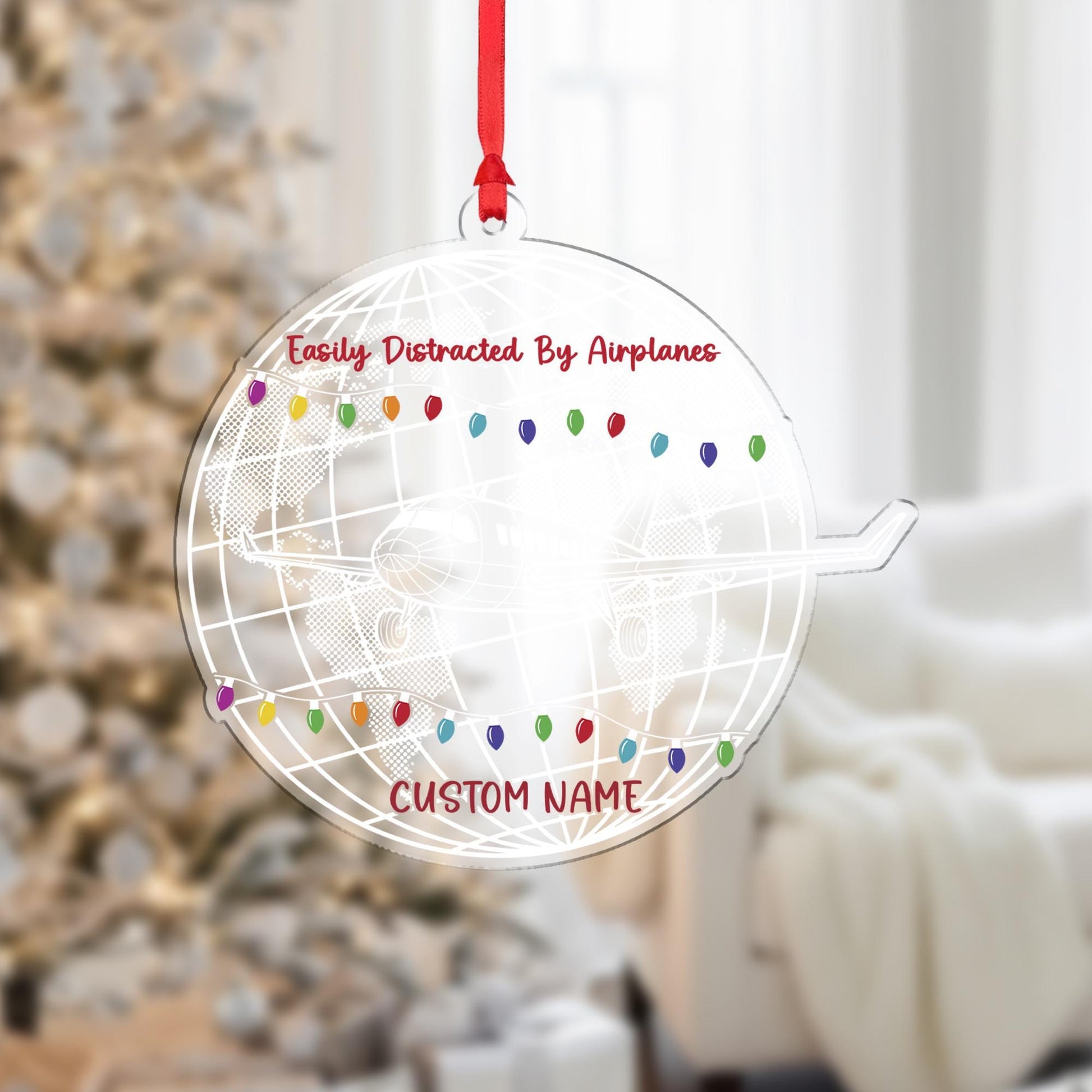 Airplane Christmas Ornament, Pilot Globe Acrylic, Personalized Name Travel Decor