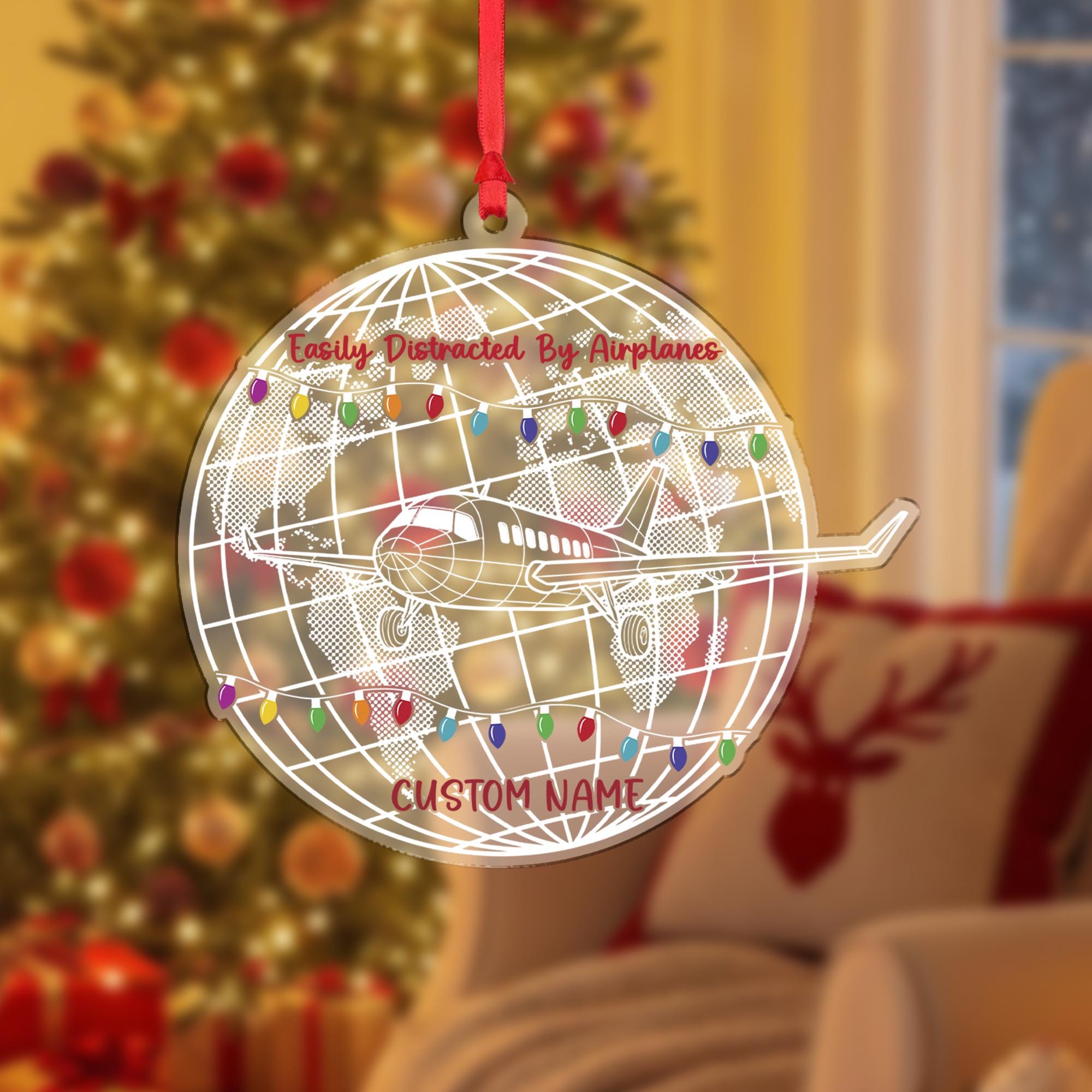 Airplane Christmas Ornament, Pilot Globe Acrylic, Personalized Name Travel Decor