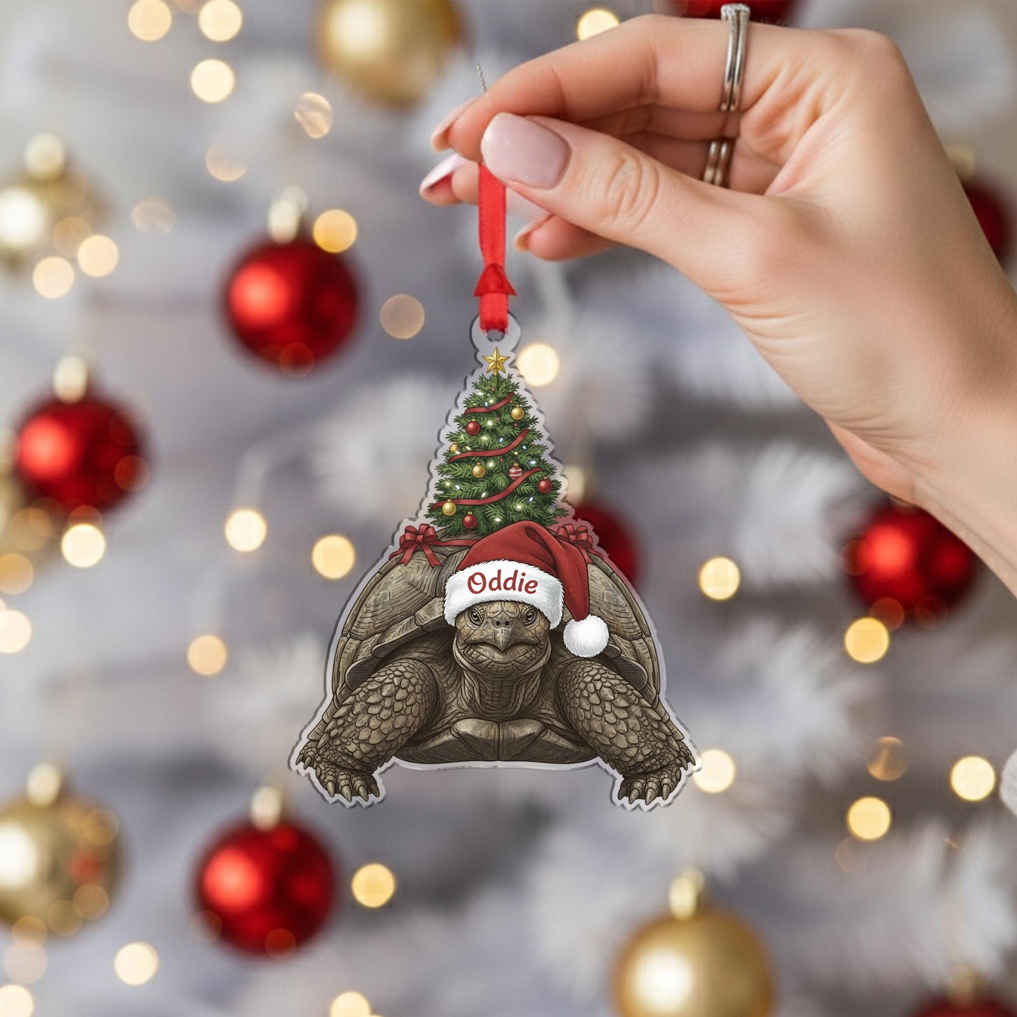 Personalized Tortoise Ornament – Acrylic Holiday Decoration with Santa Hat and Christmas Tree Design