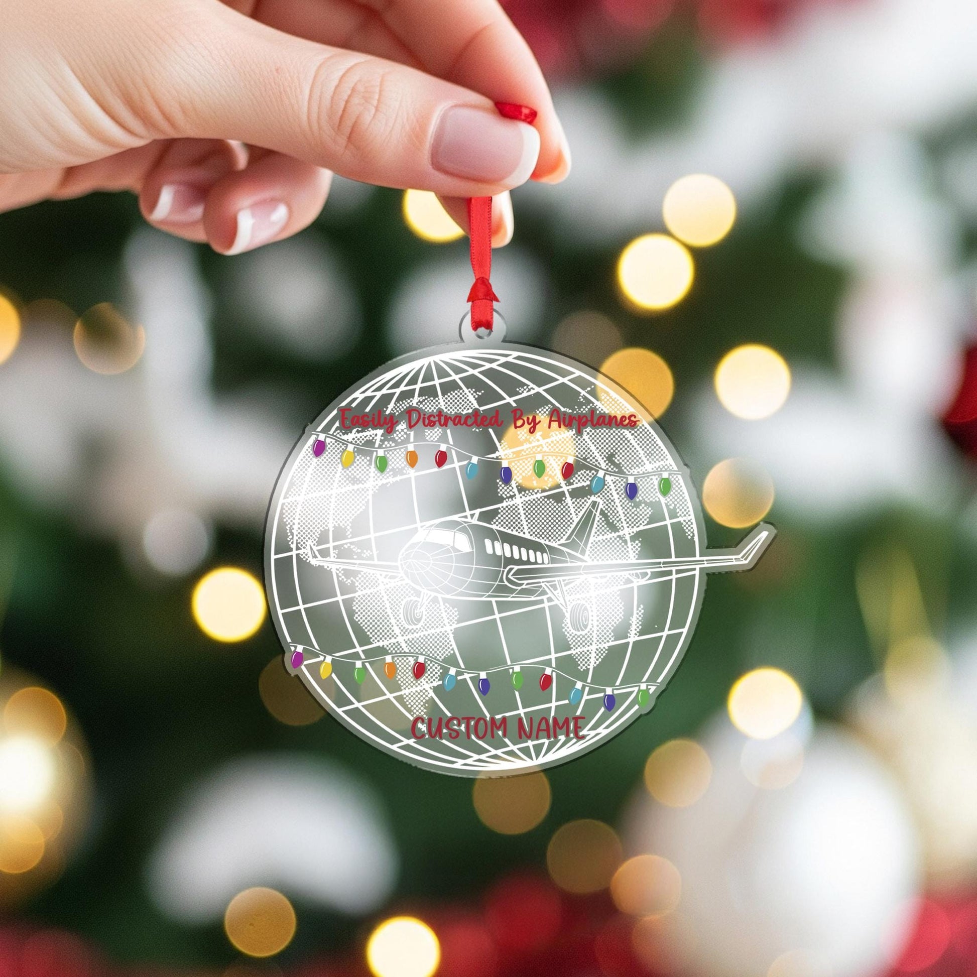 Airplane Christmas Ornament, Pilot Globe Acrylic, Personalized Name Travel Decor