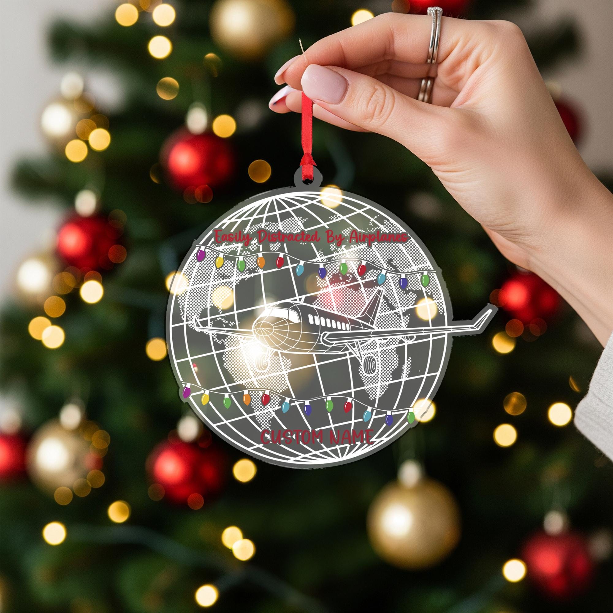 Airplane Christmas Ornament, Pilot Globe Acrylic, Personalized Name Travel Decor