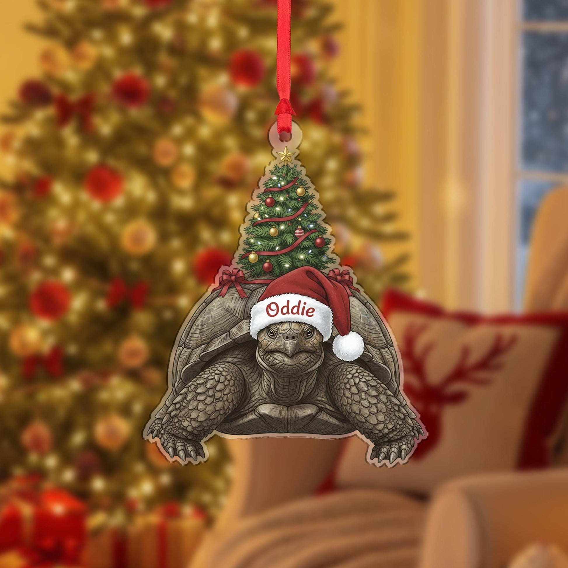 Personalized Tortoise Ornament – Acrylic Holiday Decoration with Santa Hat and Christmas Tree Design