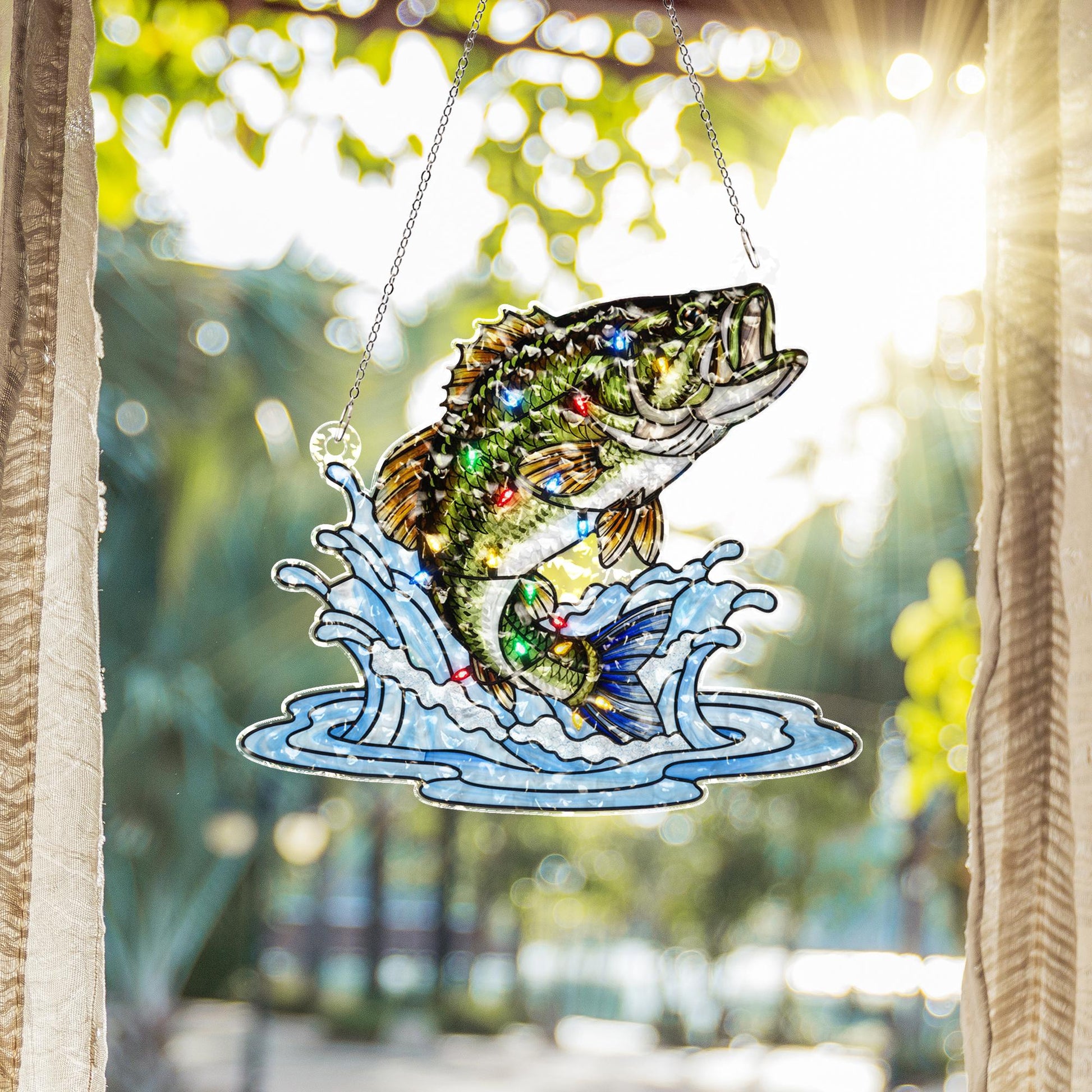 Fish Suncatcher – Acrylic Water Ripple Window Decoration with Jumping Bass Design