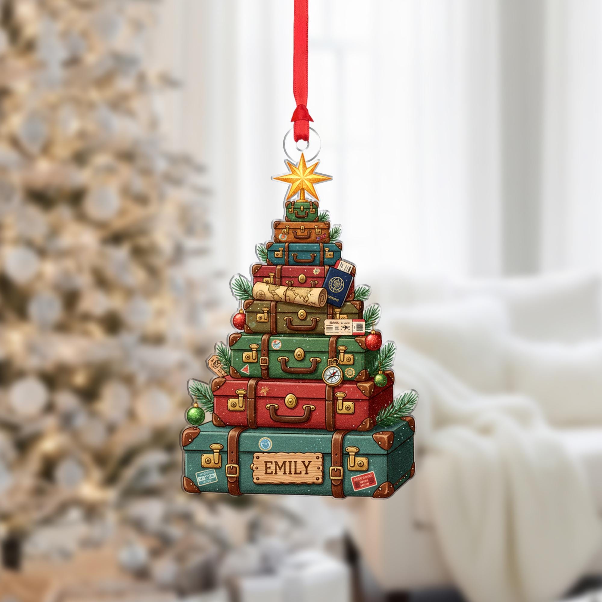 Stacked Suitcase Christmas Tree Ornament – Personalized Travel Xmas Hanging Decor