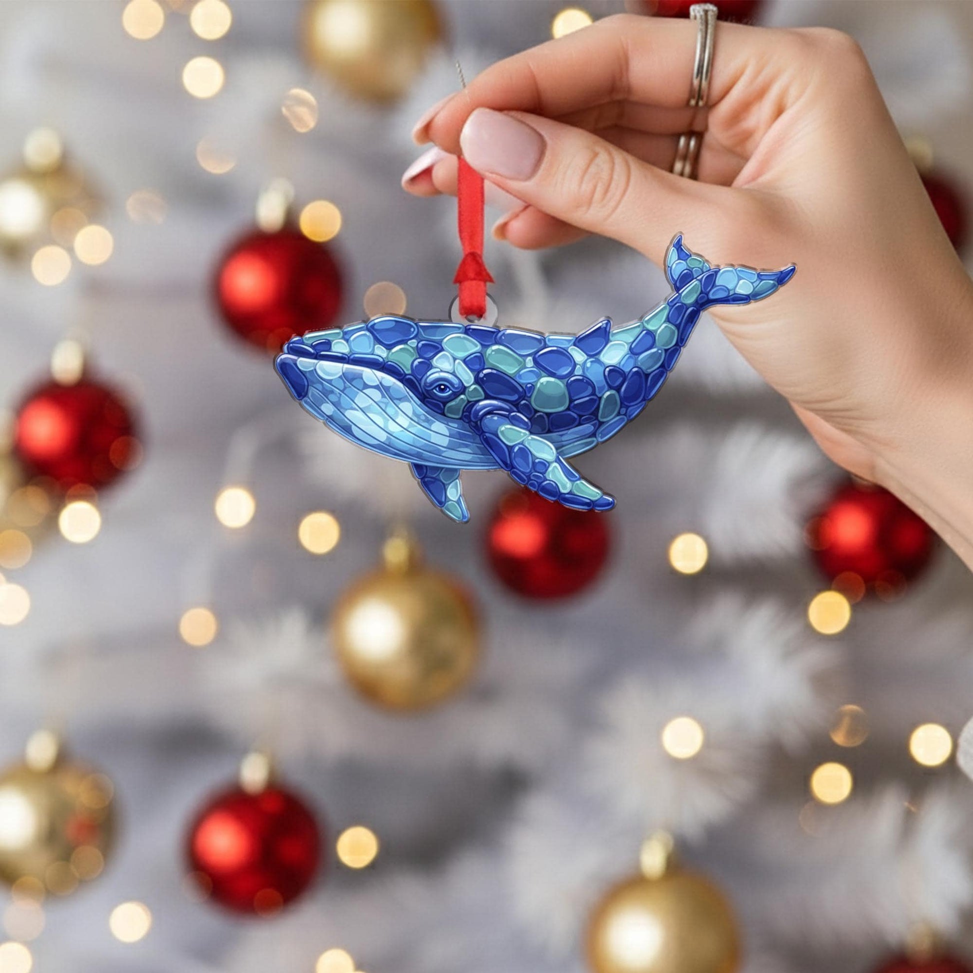 2D Sea Glass Whale Ornament – Acrylic Ocean Animal Decoration with 2D Coastal Blue Design