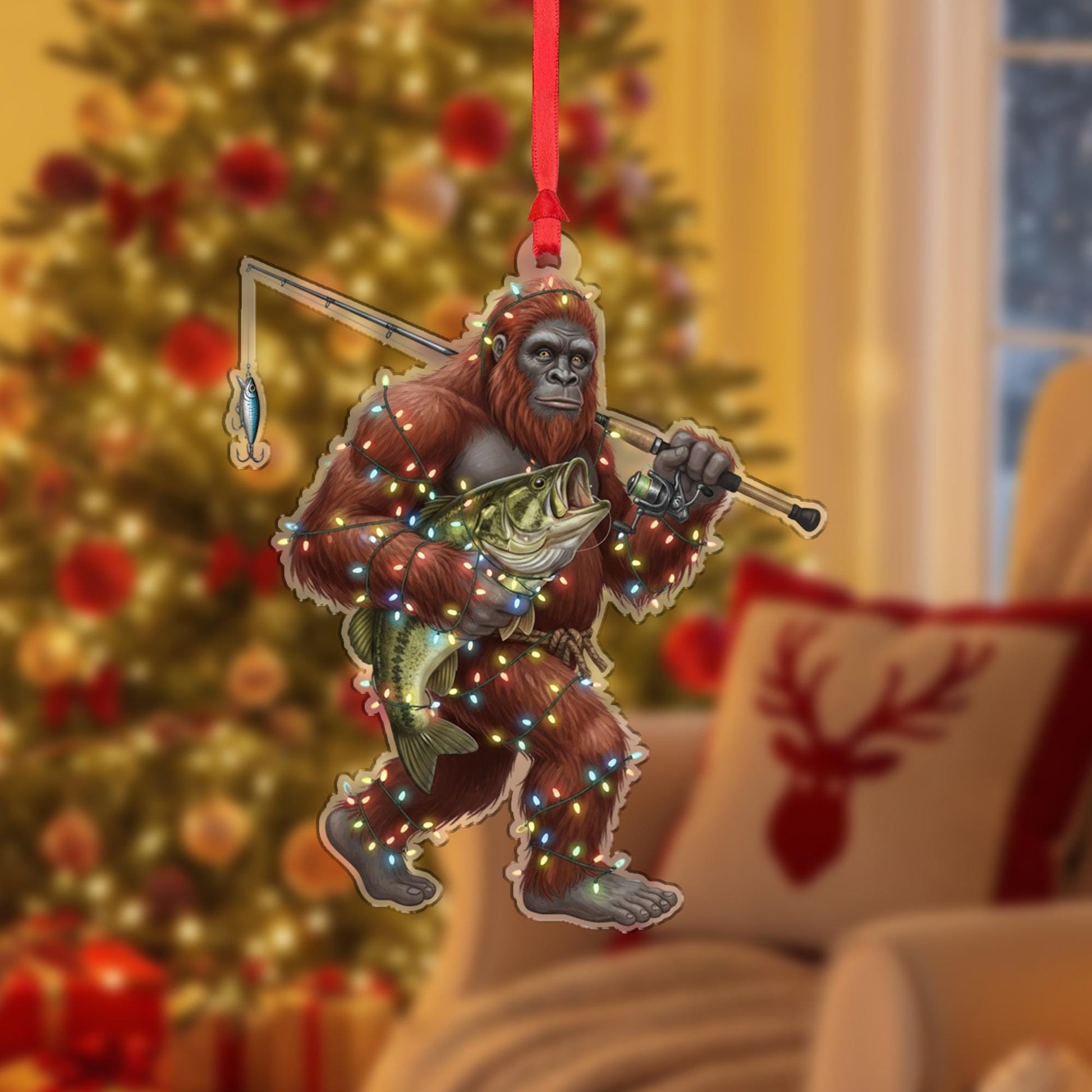 Sasquatch Fishing Ornament – Acrylic Holiday Decoration with Lights and Bass Design