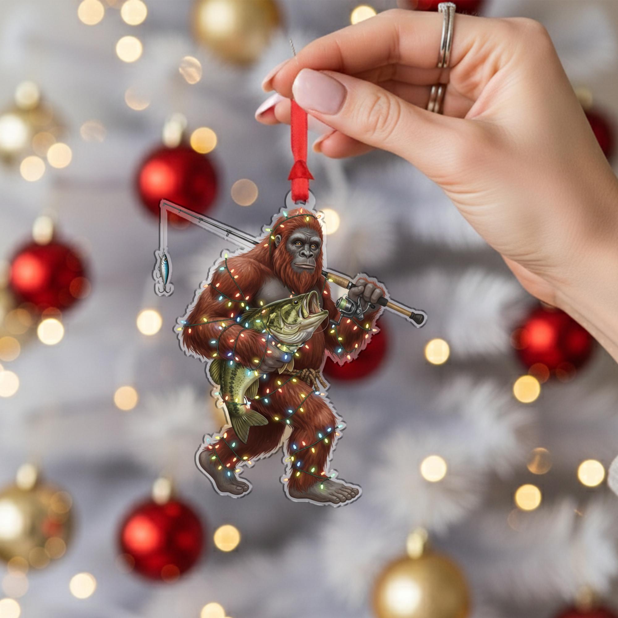 Sasquatch Fishing Ornament – Acrylic Holiday Decoration with Lights and Bass Design