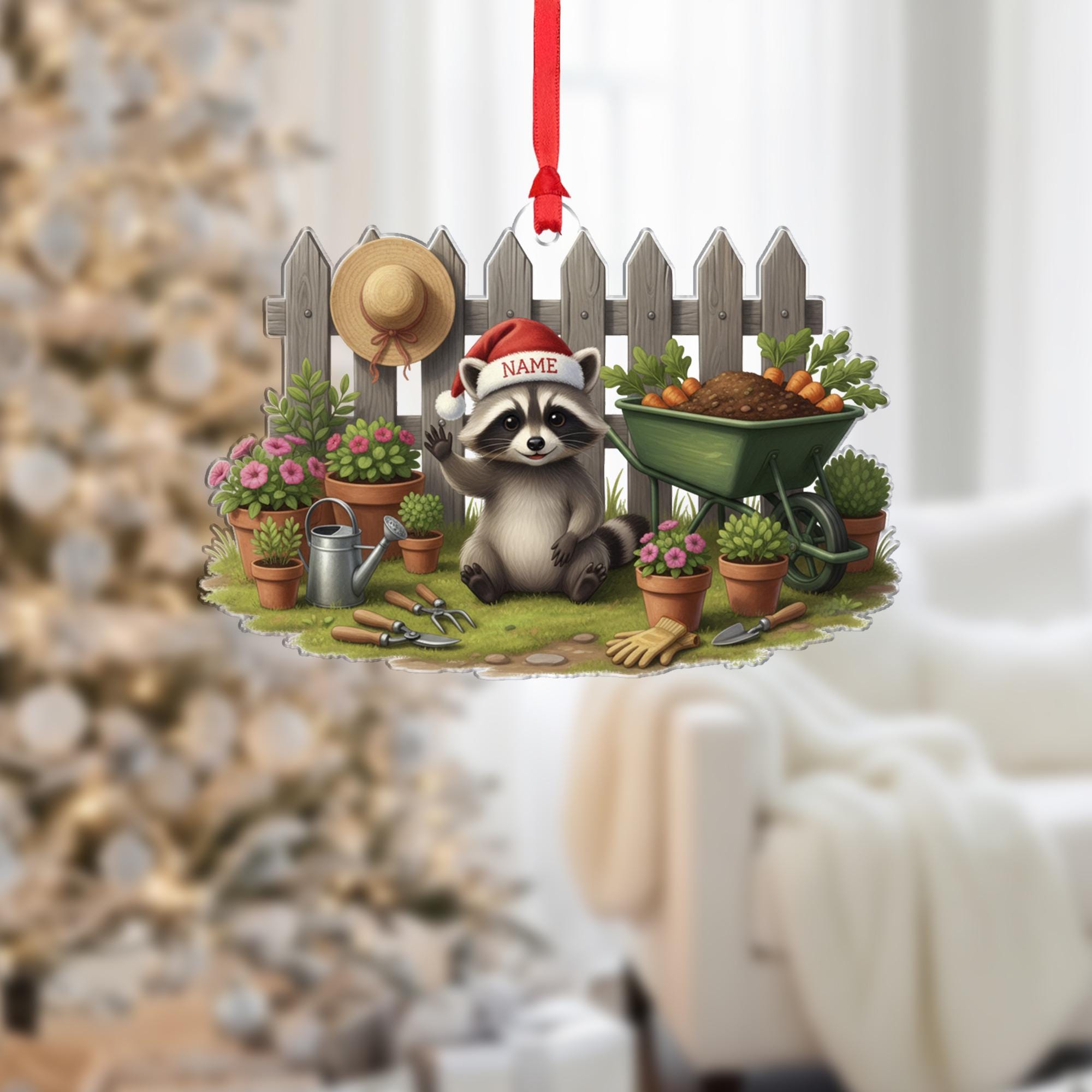 Raccoon Garden Ornament – Personalized Holiday Hanging Decor