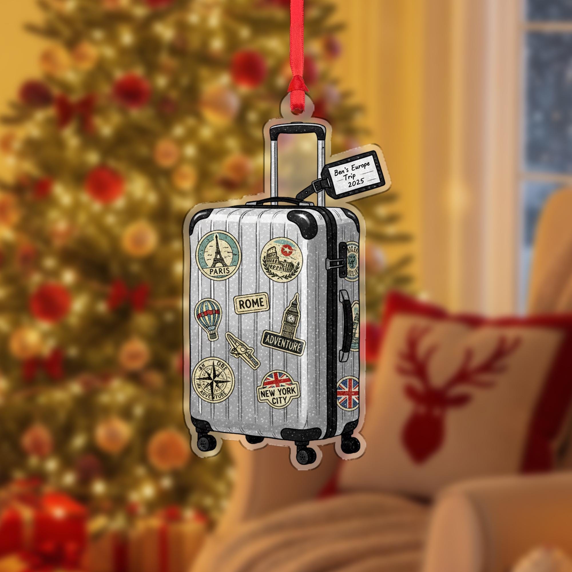 Vintage Suitcase Trip Ornament –Personalized Travel Keepsake
