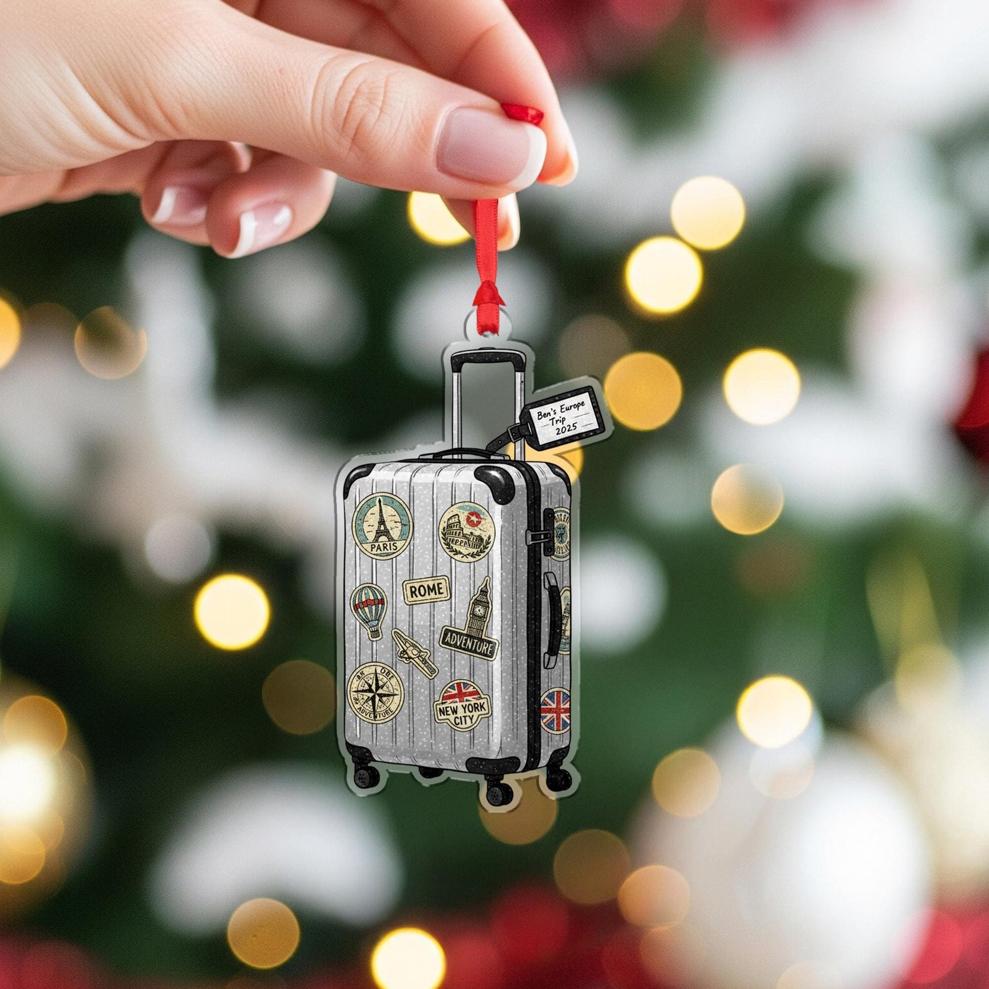 Vintage Suitcase Trip Ornament –Personalized Travel Keepsake