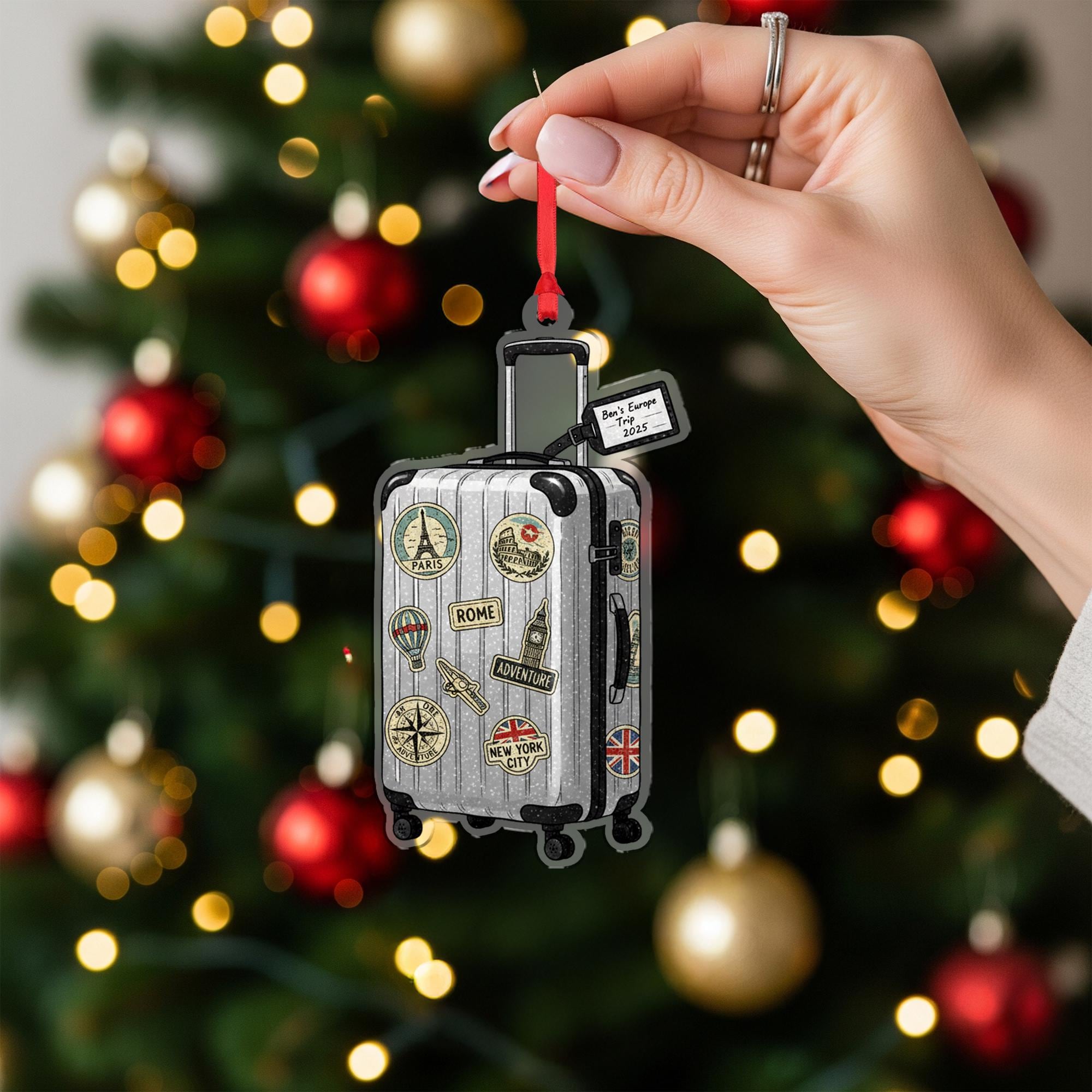 Vintage Suitcase Trip Ornament –Personalized Travel Keepsake